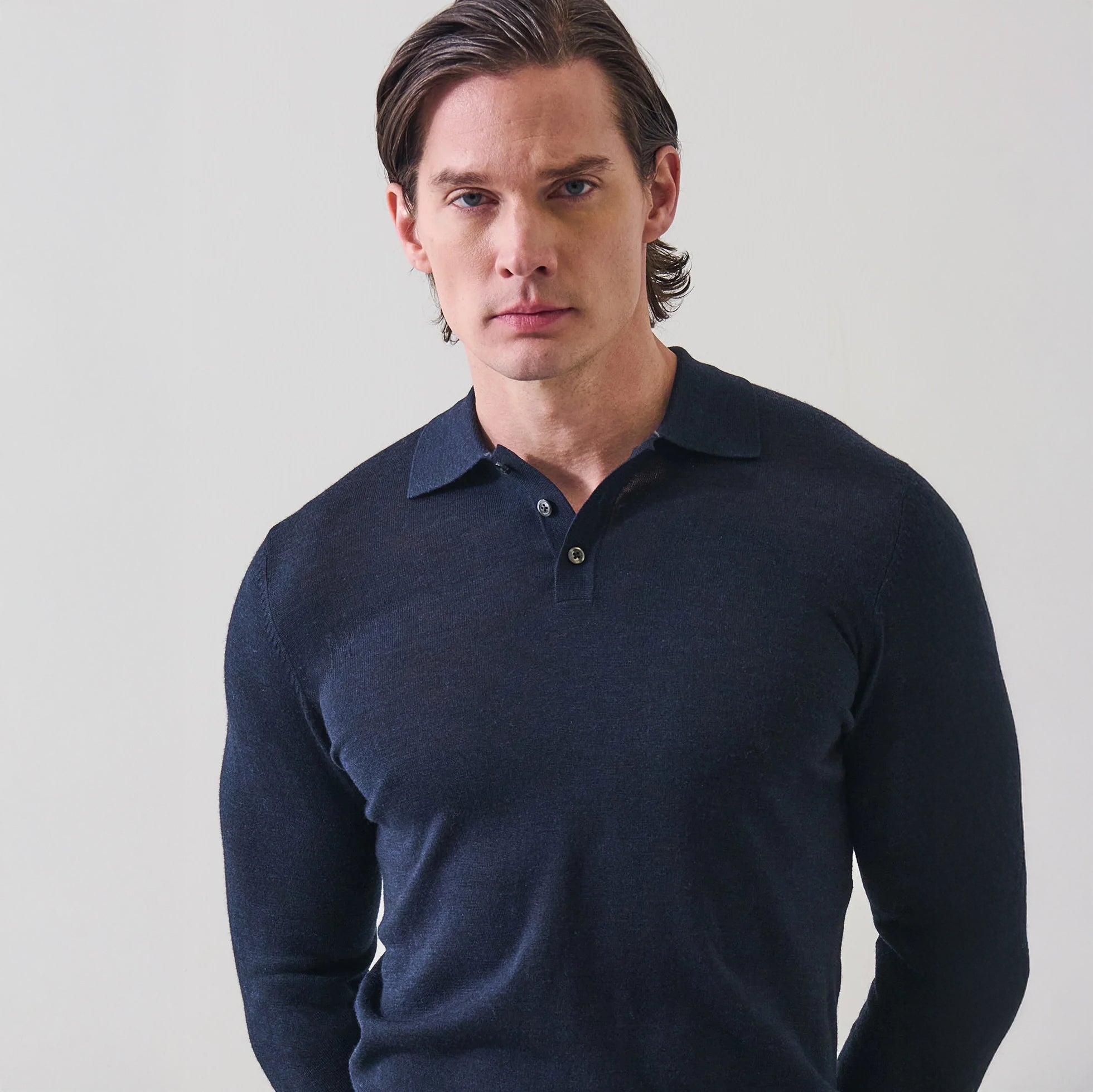 Mammoth Blue Extrafine Merino Wool Long Sleeve Button Polo - Patrick Assaraf