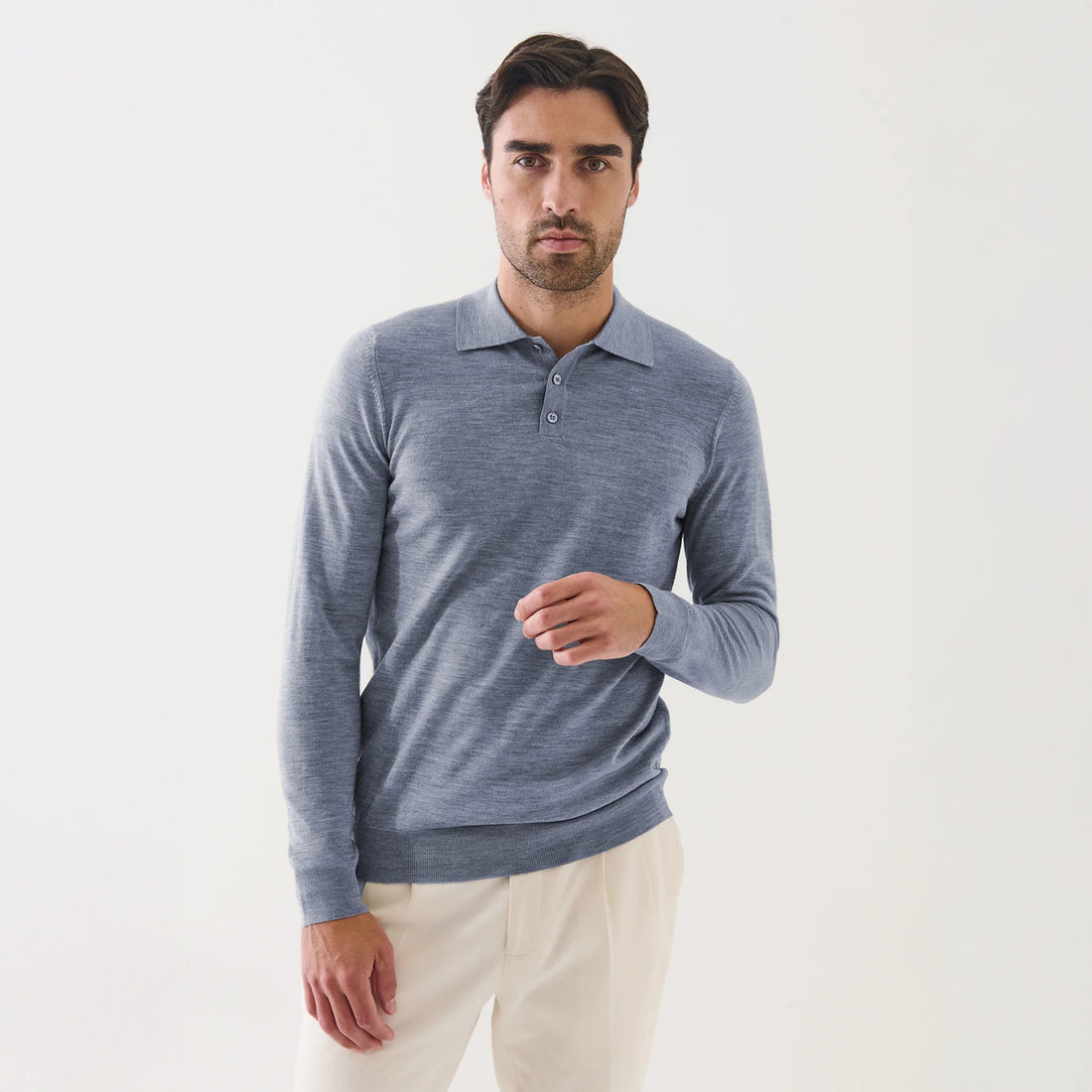 Dusky Blue Extrafine Merino Wool Long Sleeve Button Polo - Patrick Assaraf