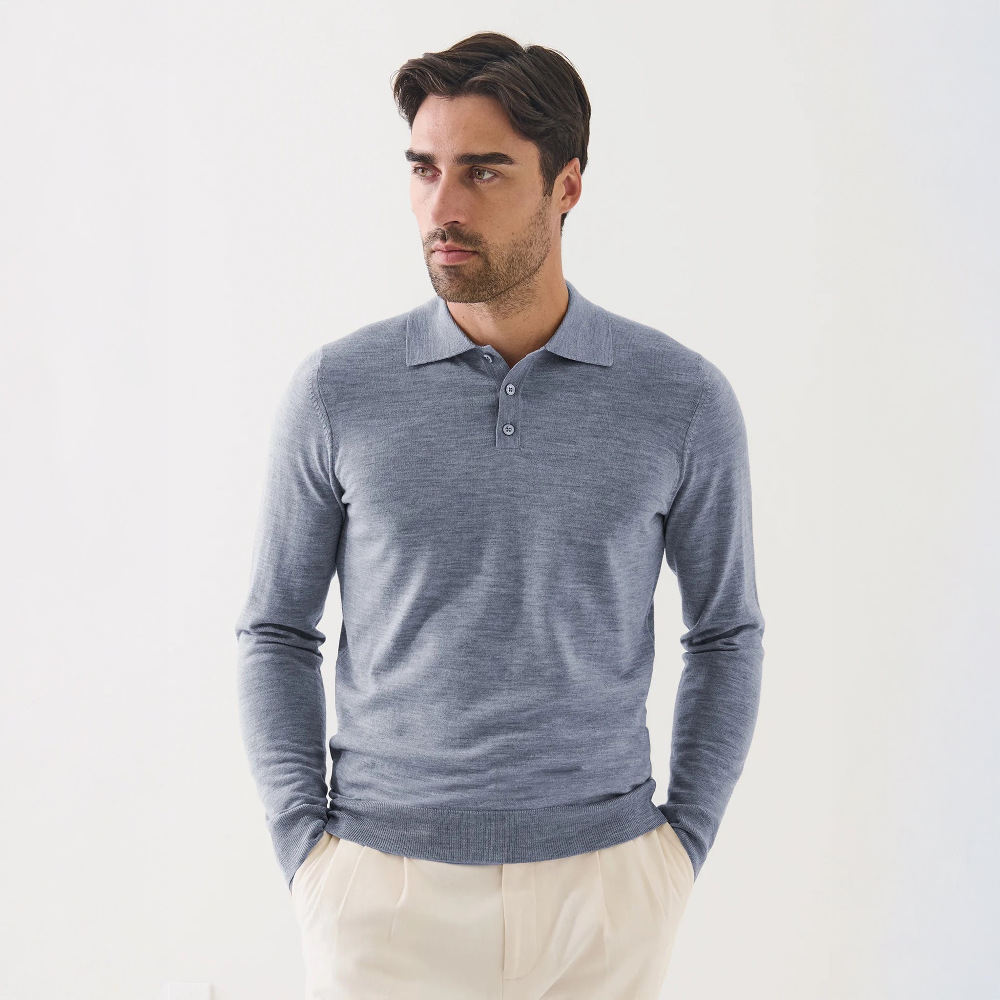 Dusky Blue Extrafine Merino Wool Long Sleeve Button Polo - Patrick Assaraf