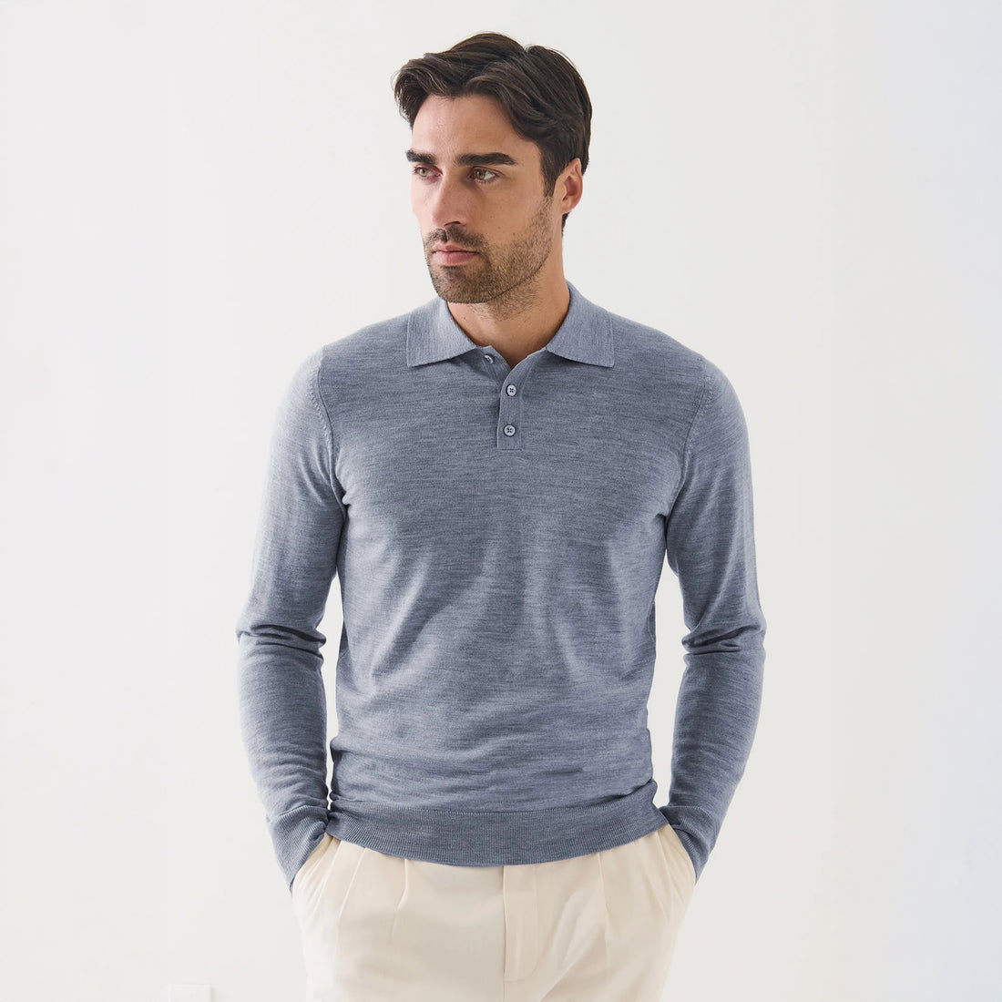 Dusky Blue Extrafine Merino Wool Long Sleeve Button Polo - Patrick Assaraf