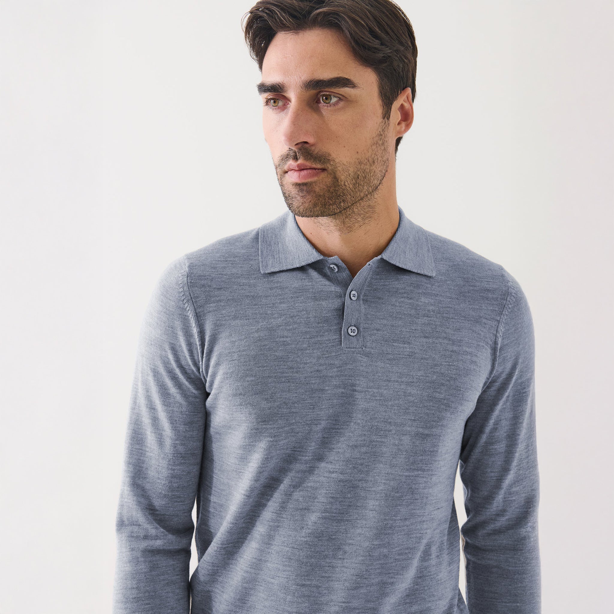 Dusky Blue Extrafine Merino Wool Long Sleeve Button Polo - Patrick Assaraf