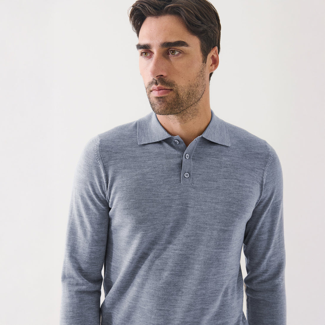 Dusky Blue Extrafine Merino Wool Long Sleeve Button Polo - Patrick Assaraf