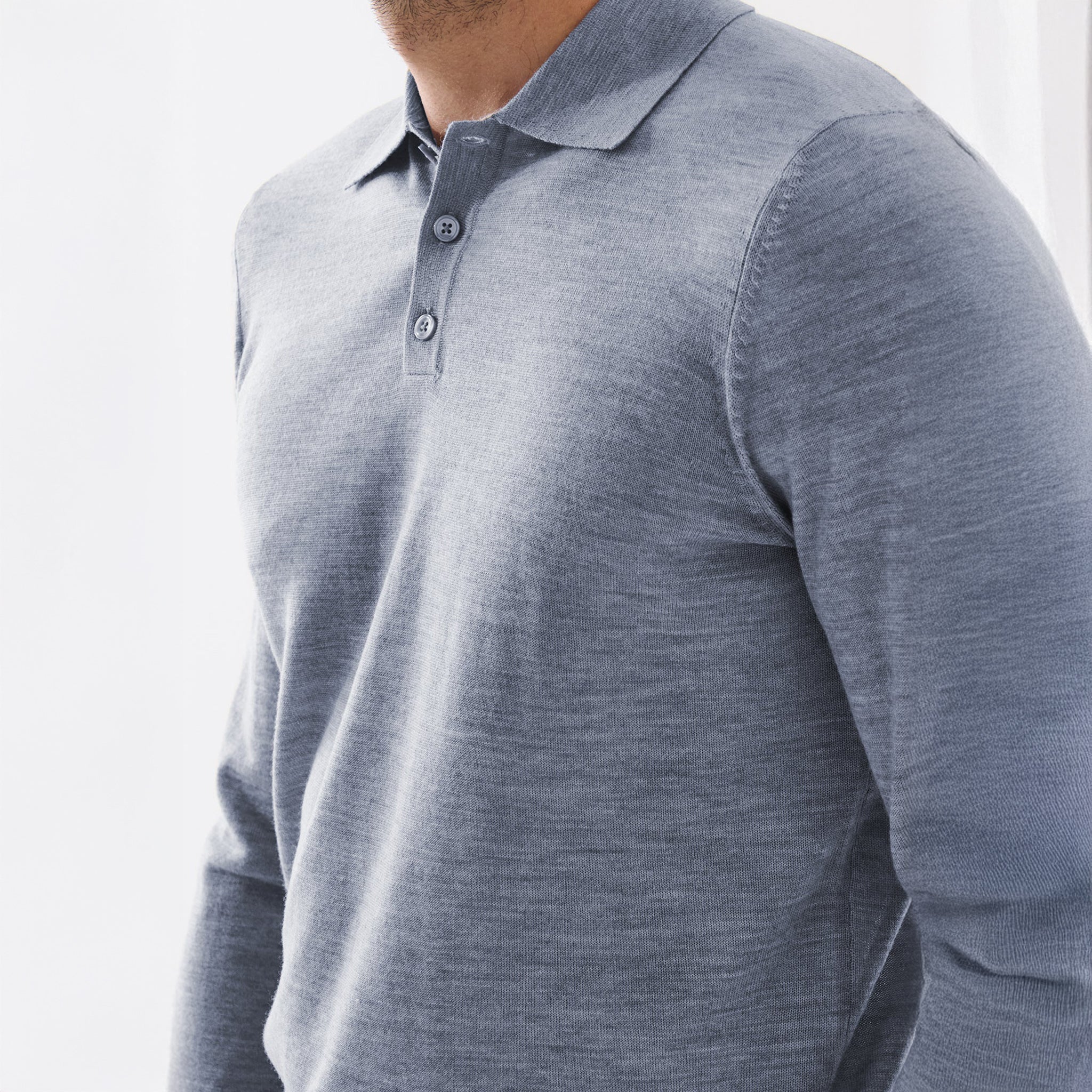 Dusky Blue Extrafine Merino Wool Long Sleeve Button Polo - Patrick Assaraf