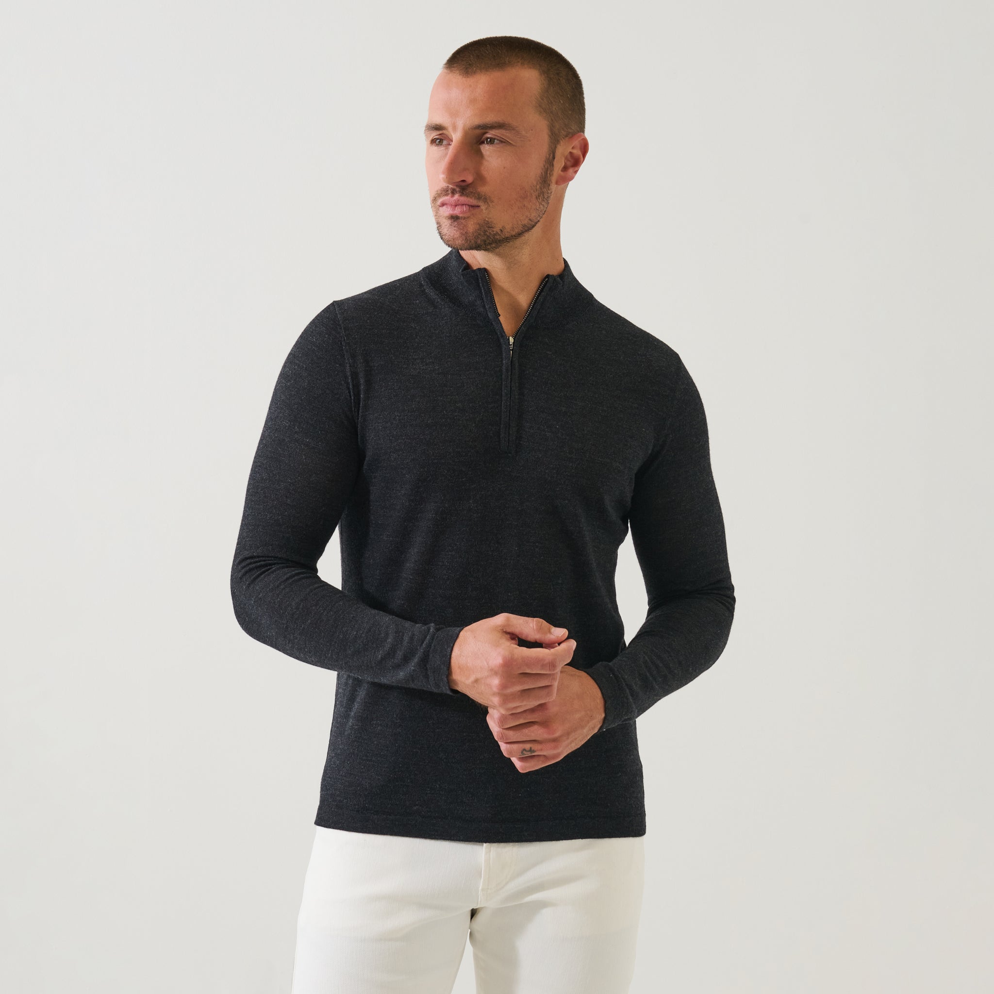 Noir Mélange Extra-Fine Merino Quarter-Zip Mock Neck Sweater - Patrick Assaraf