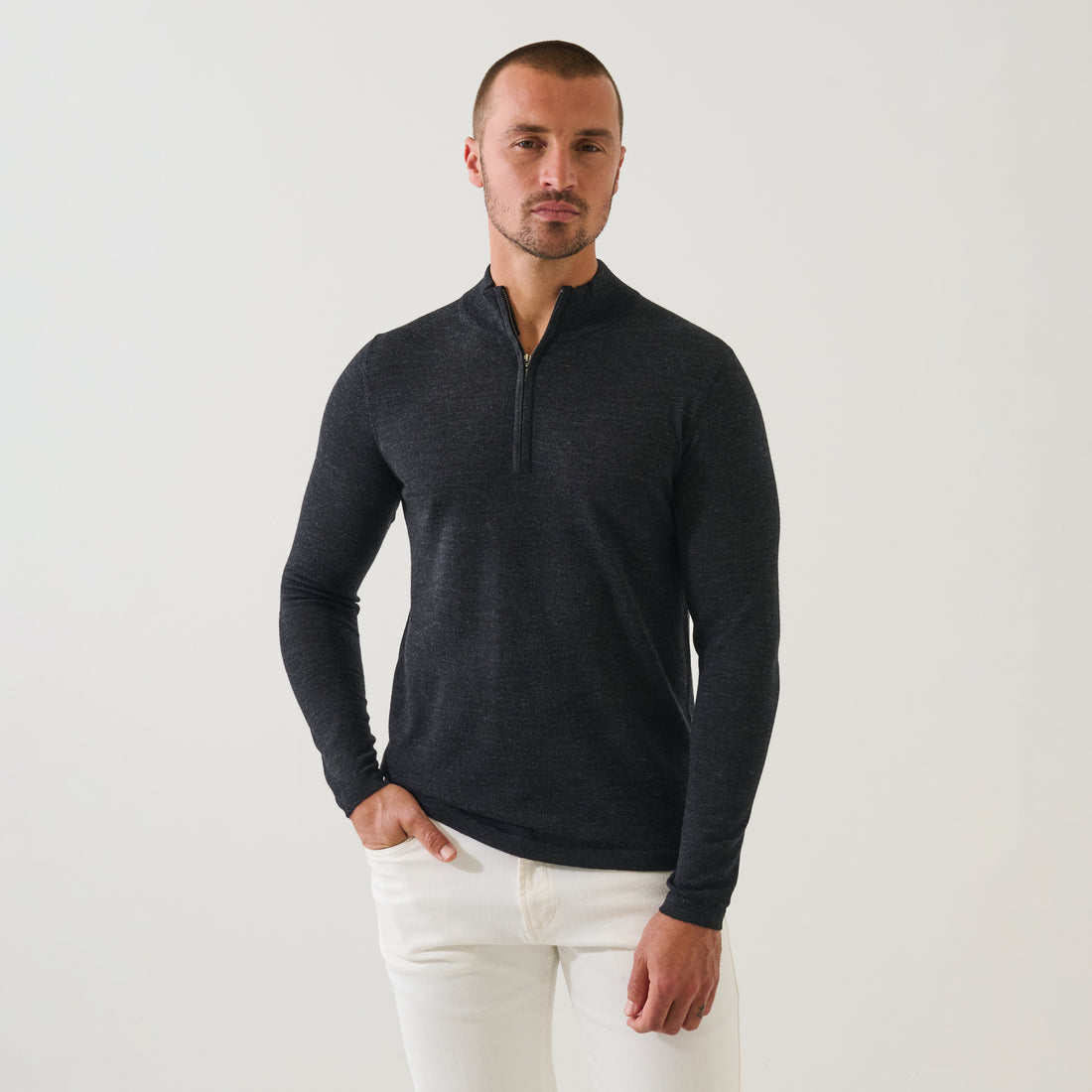 Noir Mélange Extra-Fine Merino Quarter-Zip Mock Neck Sweater - Patrick Assaraf