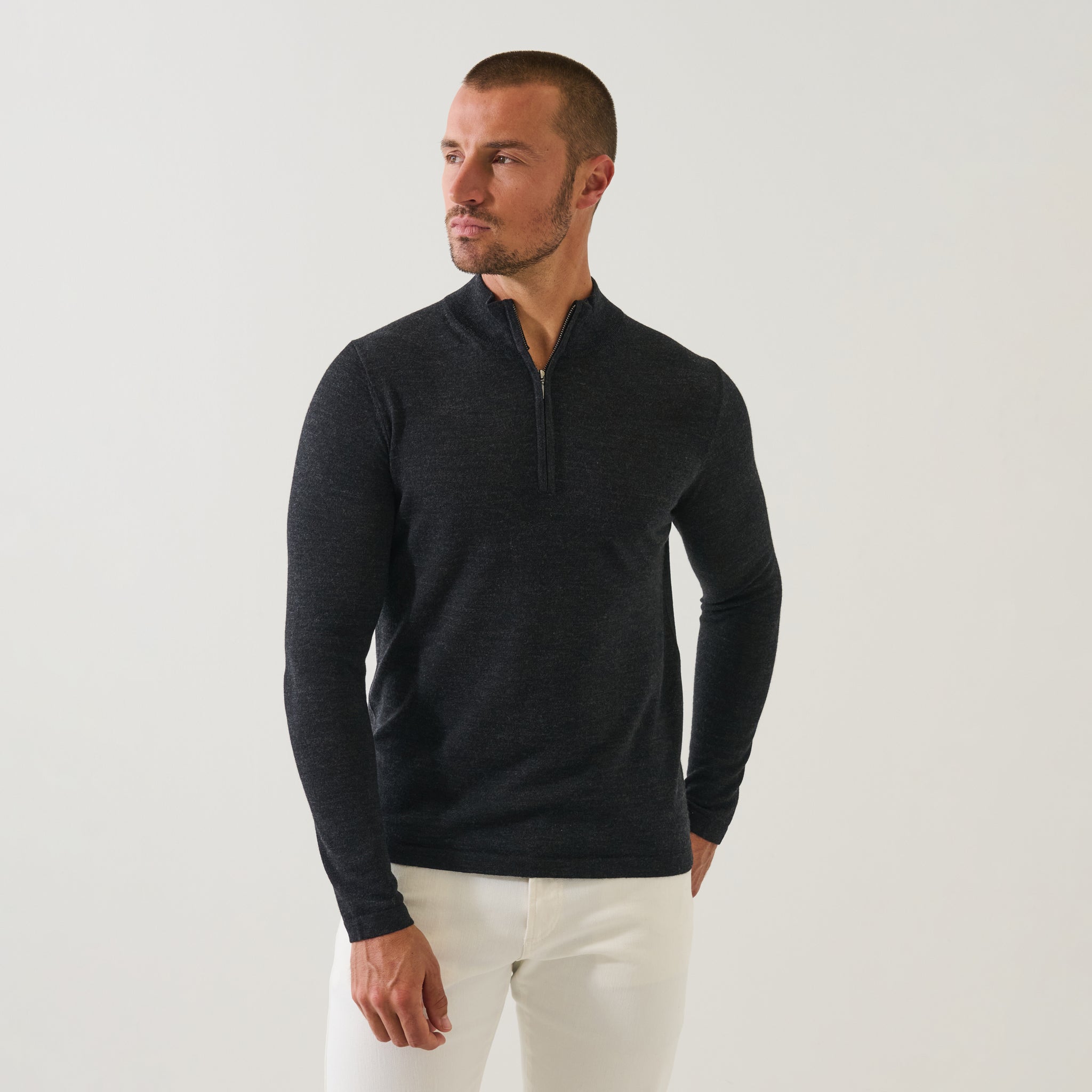Noir Mélange Extra-Fine Merino Quarter-Zip Mock Neck Sweater - Patrick Assaraf