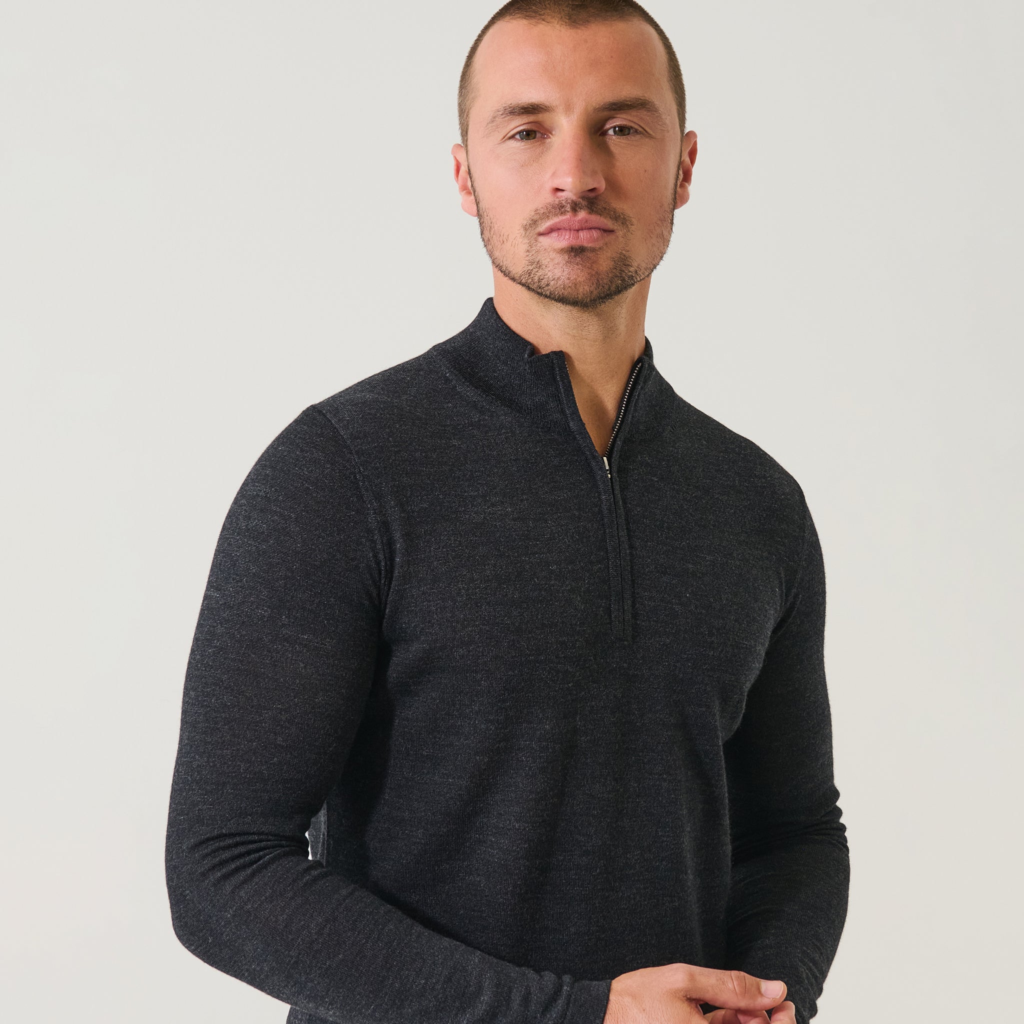 Noir Mélange Extra-Fine Merino Quarter-Zip Mock Neck Sweater - Patrick Assaraf
