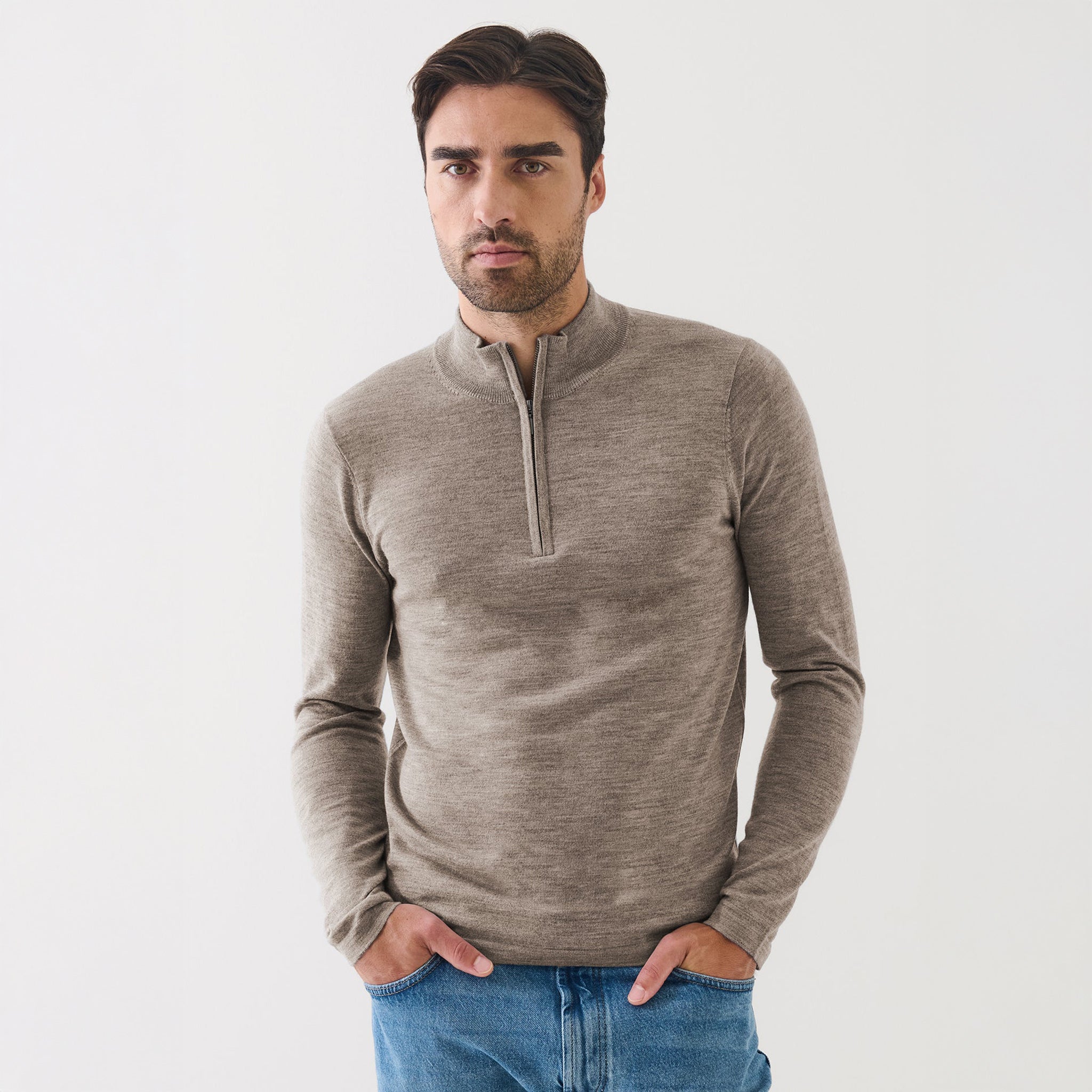 Pecan Extra-Fine Merino Quarter-Zip Mock Neck Sweater - Patrick Assaraf