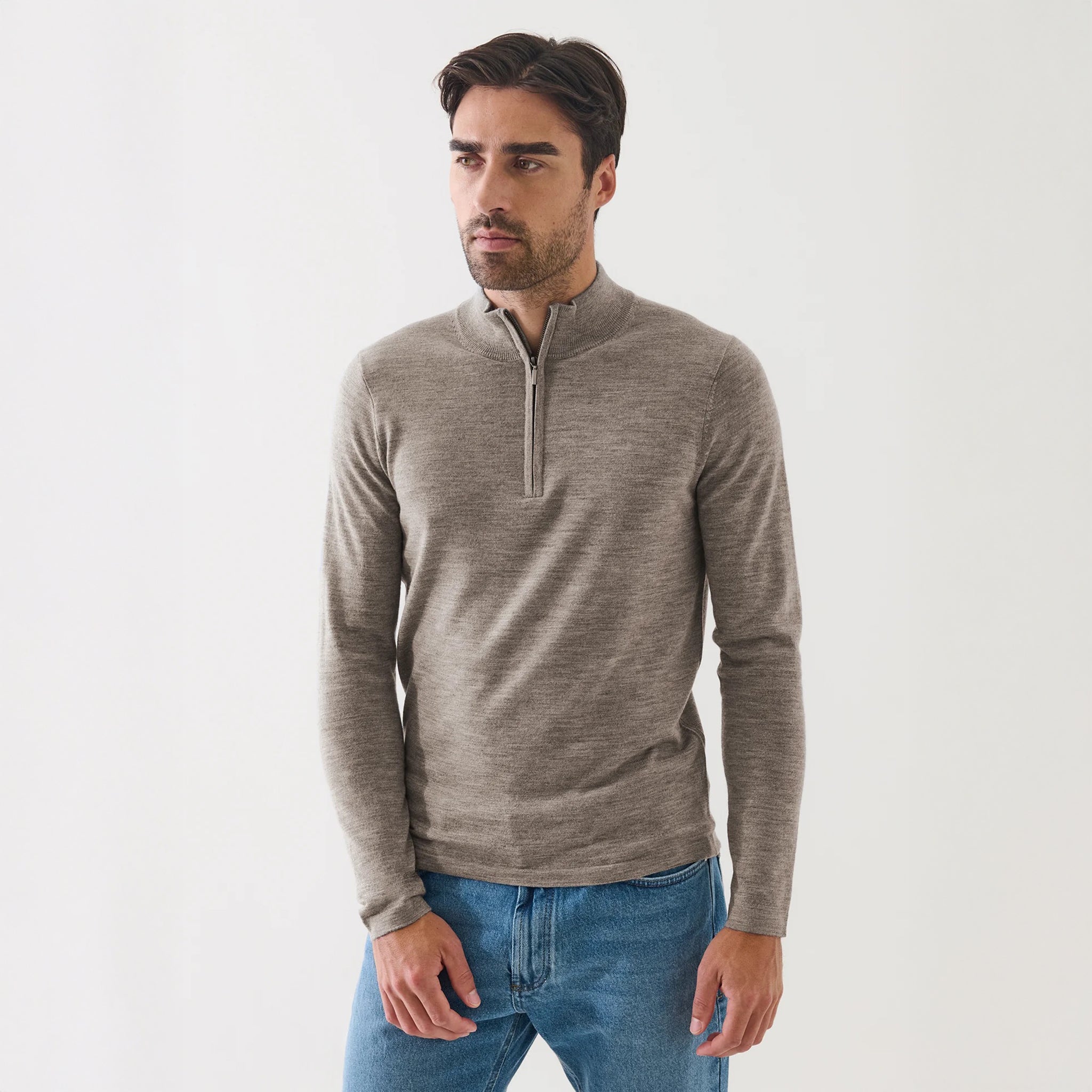 Pecan Extra-Fine Merino Quarter-Zip Mock Neck Sweater - Patrick Assaraf