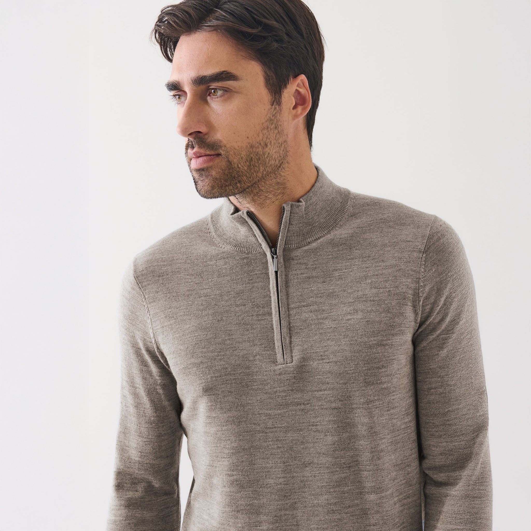 Pecan Extra-Fine Merino Quarter-Zip Mock Neck Sweater - Patrick Assaraf
