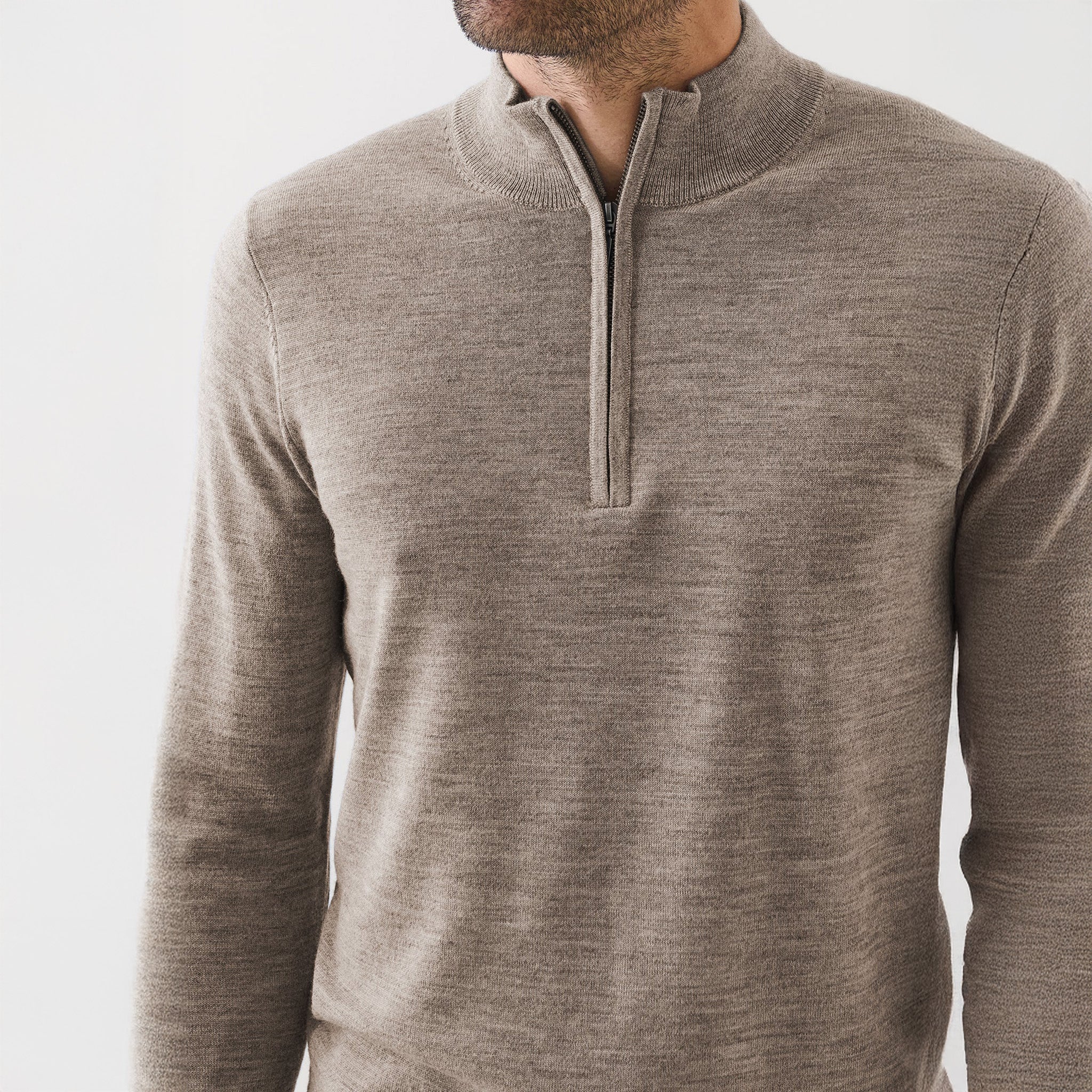 Pecan Extra-Fine Merino Quarter-Zip Mock Neck Sweater - Patrick Assaraf