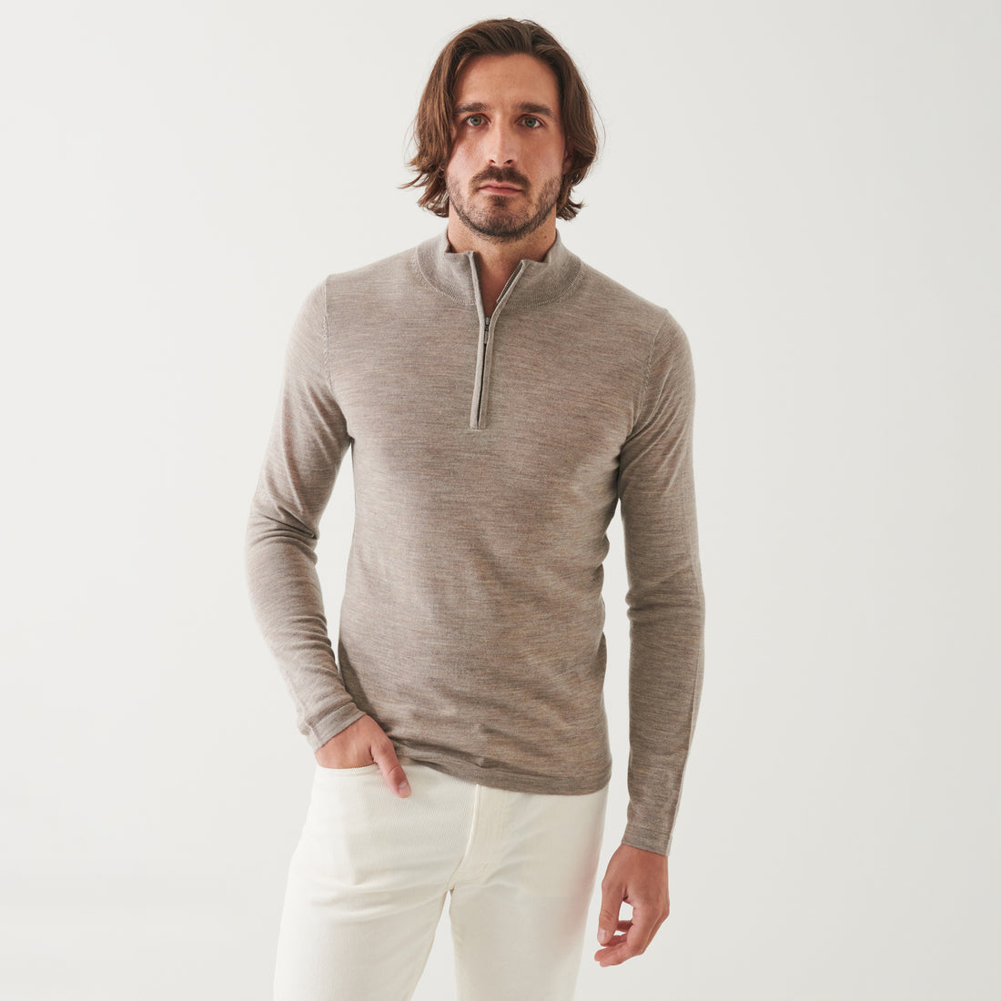 Caffé Beige Extra-Fine Merino Quarter-Zip Mock Neck Sweater - Patrick Assaraf