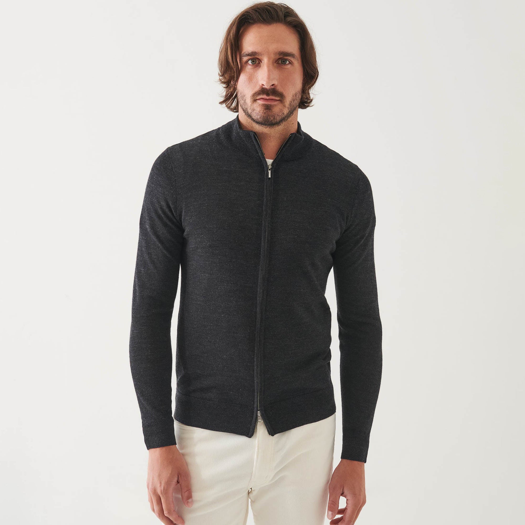 Noir Mélange Extra-Fine Merino Full-Zip Mock Neck Sweater - Patrick Assaraf
