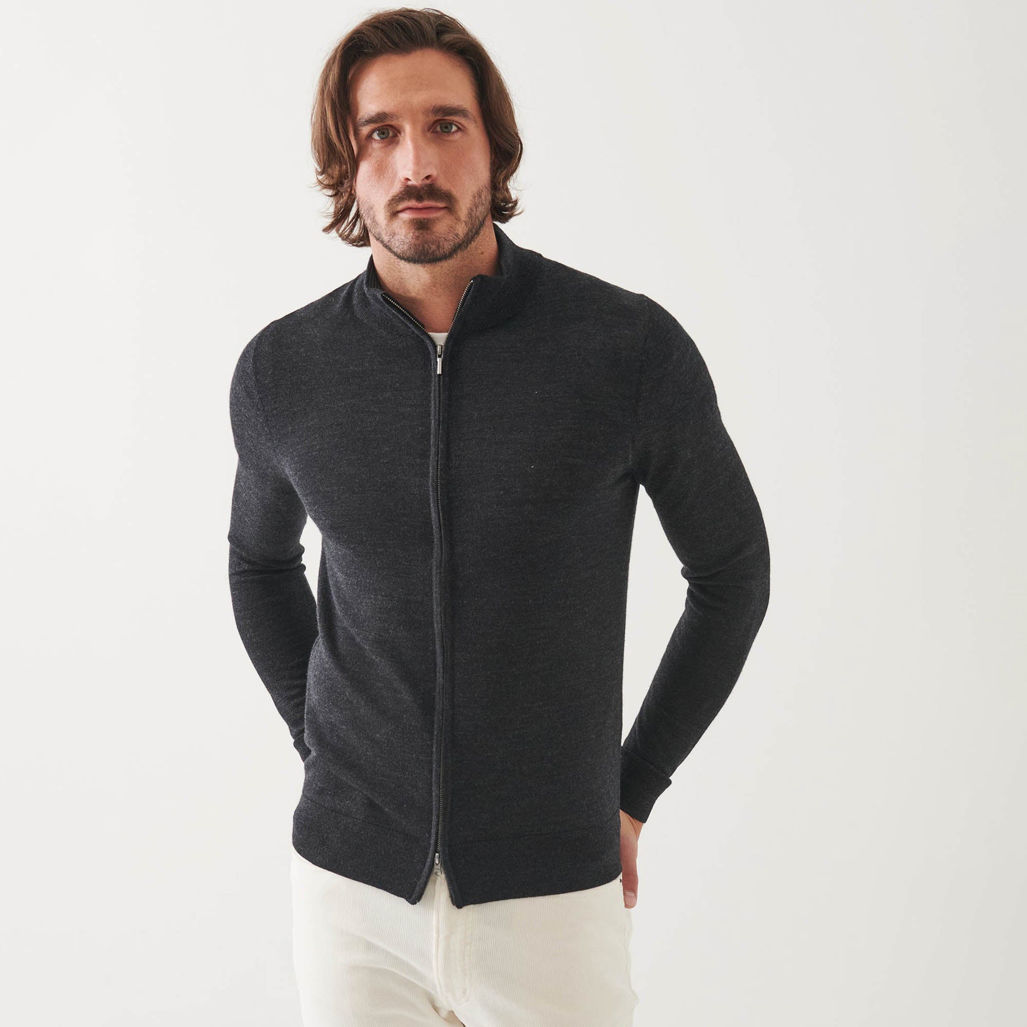 Noir Mélange Extra-Fine Merino Full-Zip Mock Neck Sweater - Patrick Assaraf