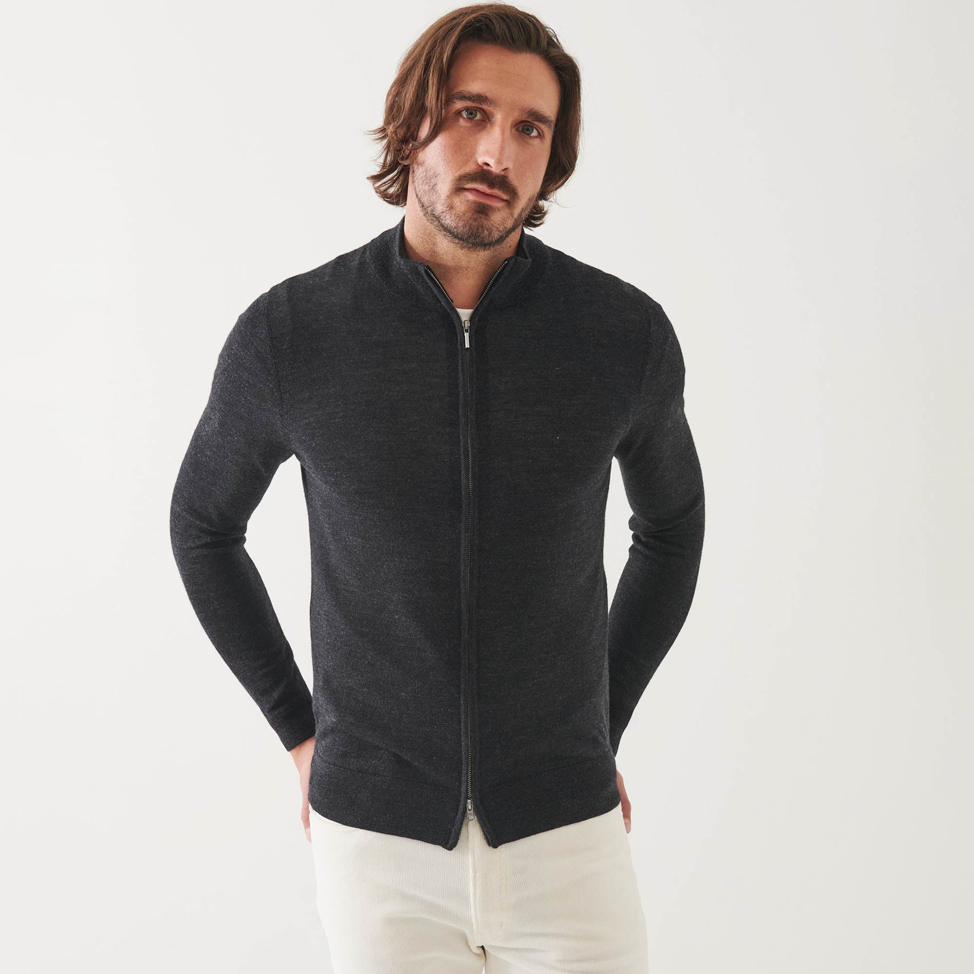 Noir Mélange Extra-Fine Merino Full-Zip Mock Neck Sweater - Patrick Assaraf