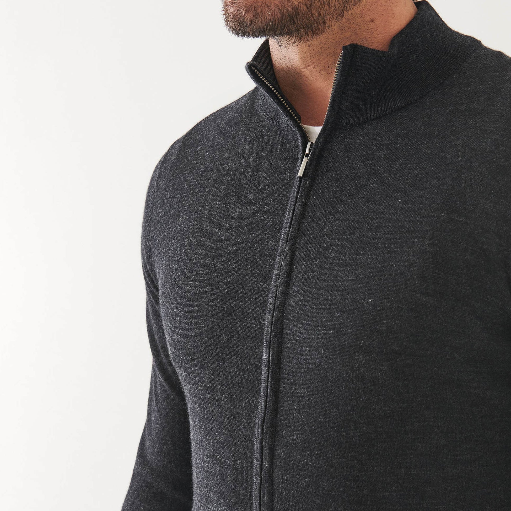 Noir Mélange Extra-Fine Merino Full-Zip Mock Neck Sweater - Patrick Assaraf