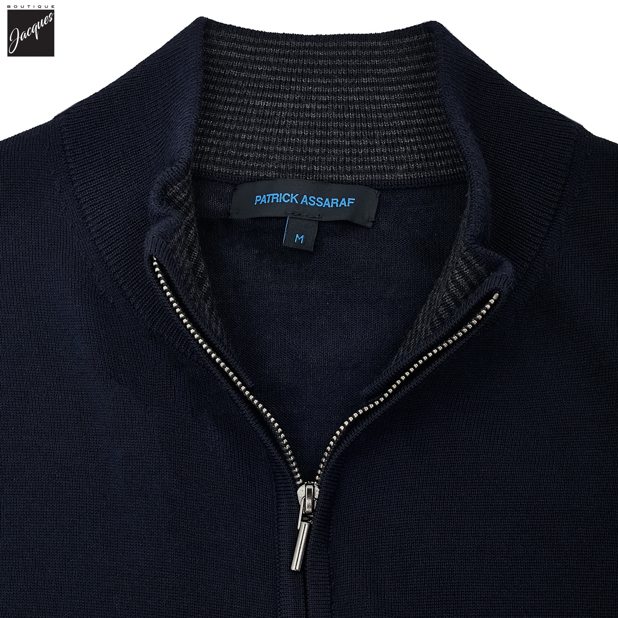 Dark Navy Extra-Fine Merino Full-Zip Mock Neck Sweater - Patrick Assaraf