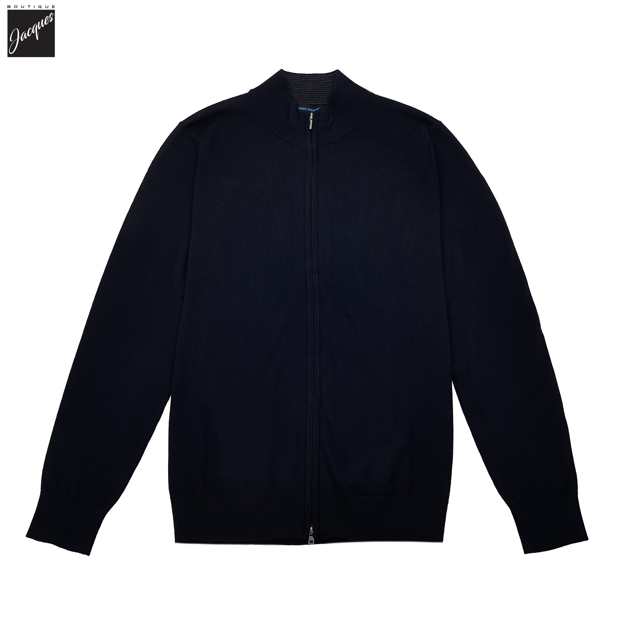 Dark Navy Extra-Fine Merino Full-Zip Mock Neck Sweater - Patrick Assaraf