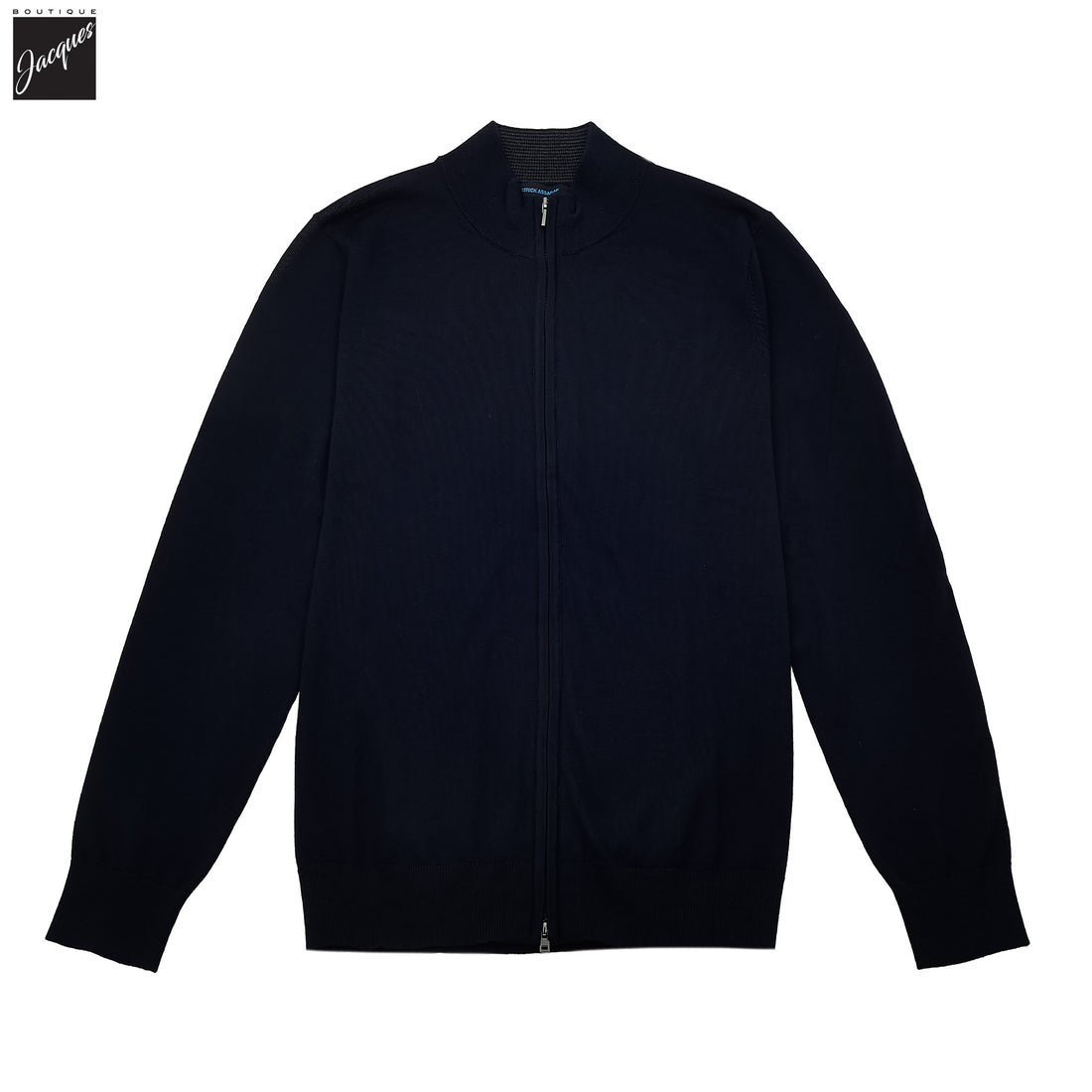 Dark Navy Extra-Fine Merino Full-Zip Mock Neck Sweater - Patrick Assaraf