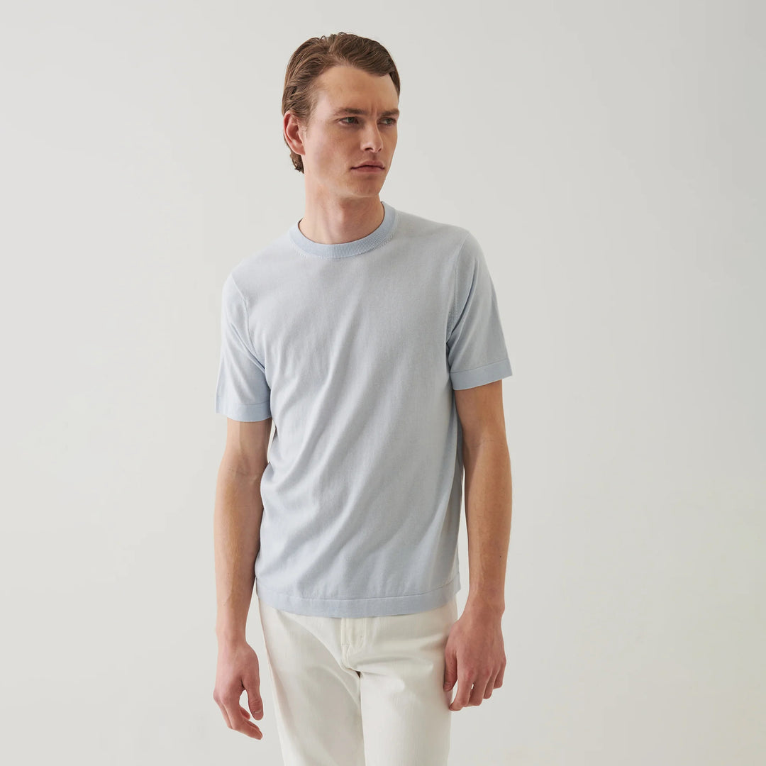 Pale Blue Cotton-Cashmere Short Sleeve Knit Crewneck - Patrick Assaraf