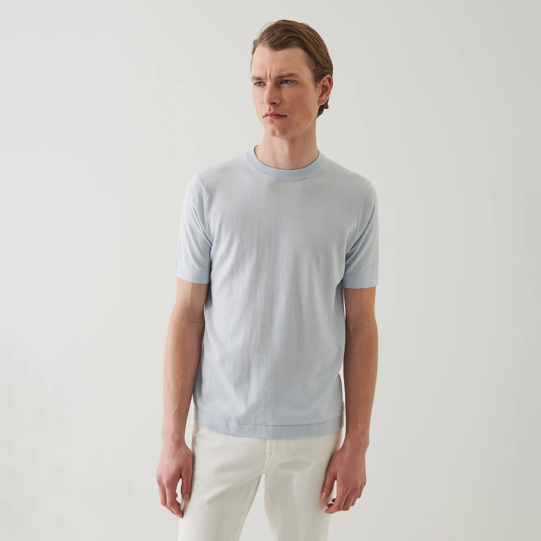 Pale Blue Cotton-Cashmere Short Sleeve Knit Crewneck - Patrick Assaraf