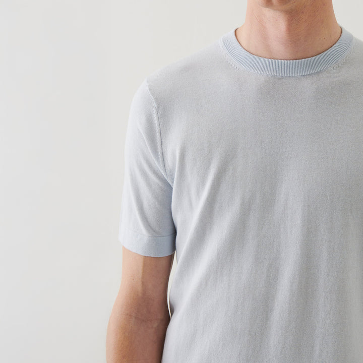 Pale Blue Cotton-Cashmere Short Sleeve Knit Crewneck - Patrick Assaraf