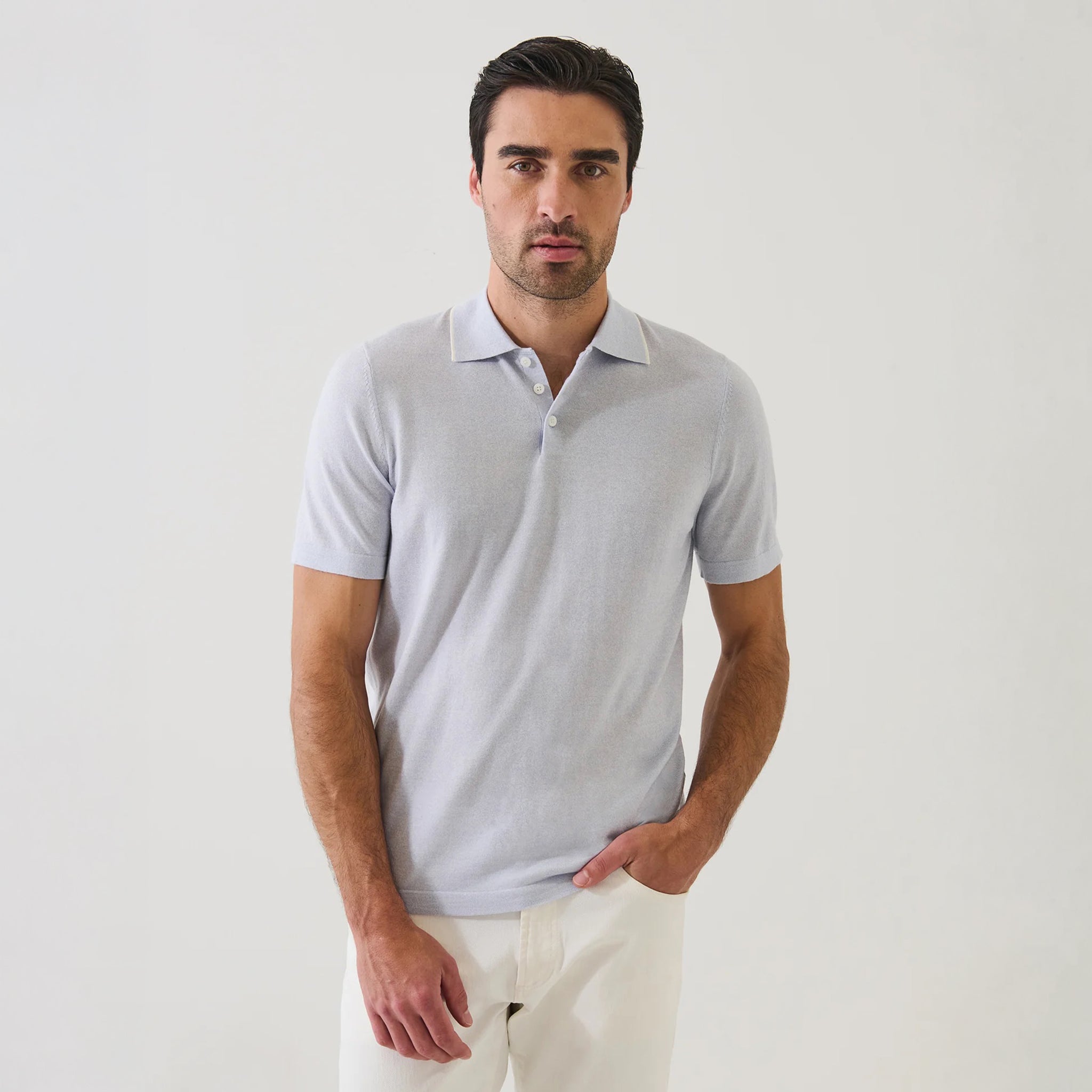 Ocean Blue Tipped Cupro-Merino Knit Polo Shirt - Patrick Assaraf - Boutique Jacques International