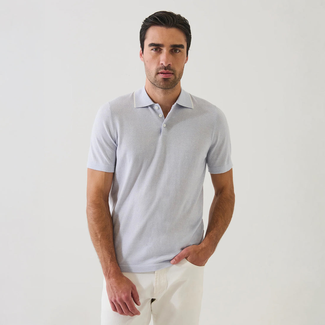 Ocean Blue Tipped Cupro-Merino Knit Polo Shirt - Patrick Assaraf - Boutique Jacques International