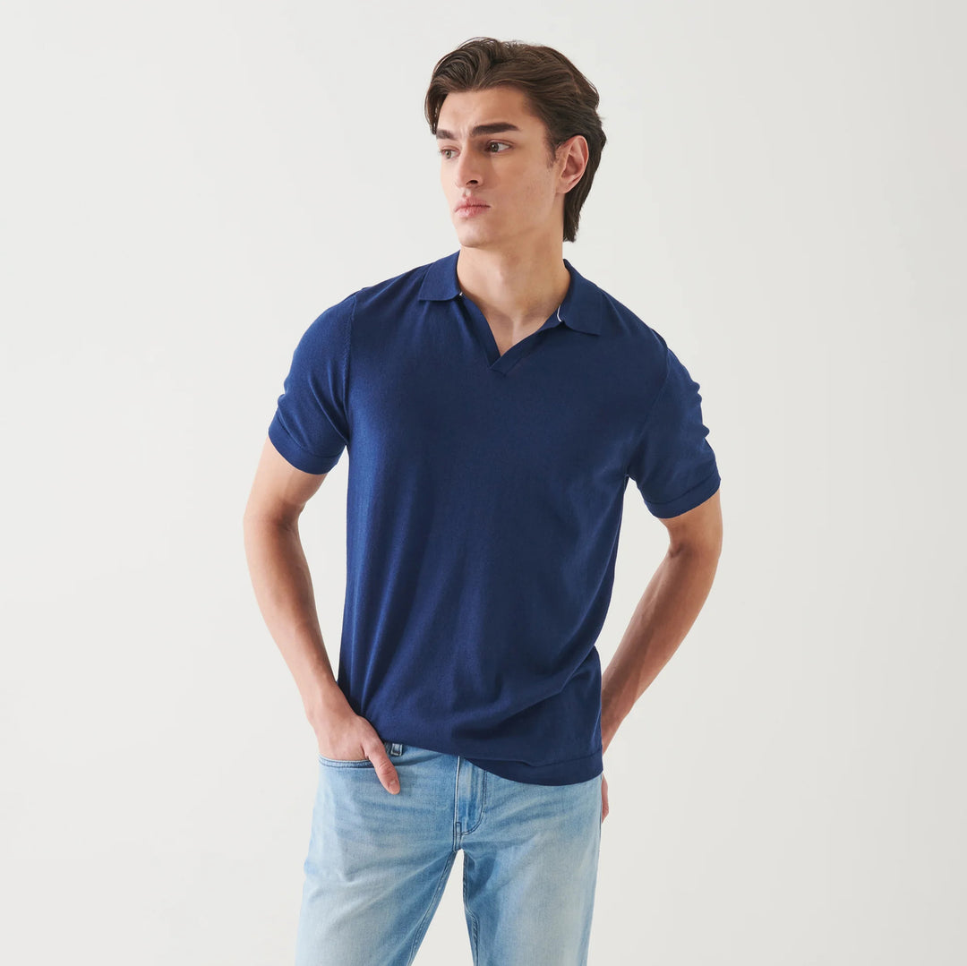 Navy Cupro-Merino Knit Short Sleeve Open Collar Polo Shirt - Patrick Assaraf - Boutique Jacques International