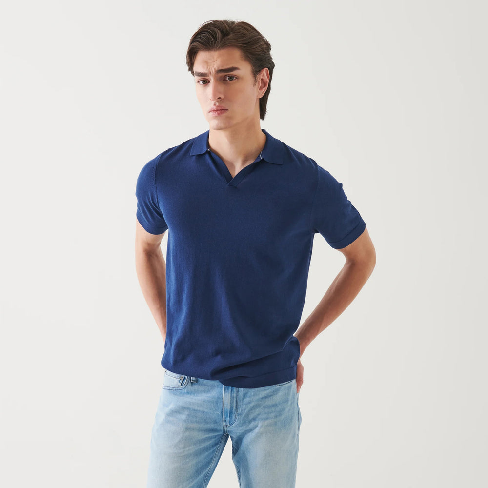 Navy Cupro-Merino Knit Short Sleeve Open Collar Polo Shirt - Patrick Assaraf - Boutique Jacques International