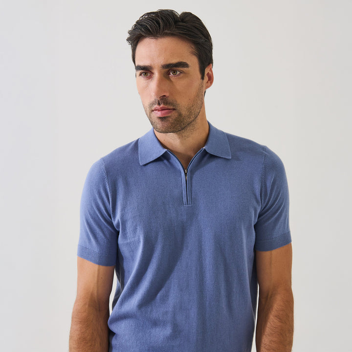 Dusky Blue Cotton Cashmere Zip Polo - Patrick Assaraf - Boutique Jacques International