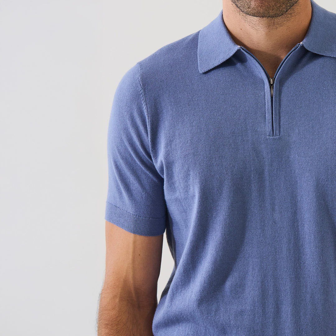 Dusky Blue Cotton Cashmere Zip Polo - Patrick Assaraf - Boutique Jacques International