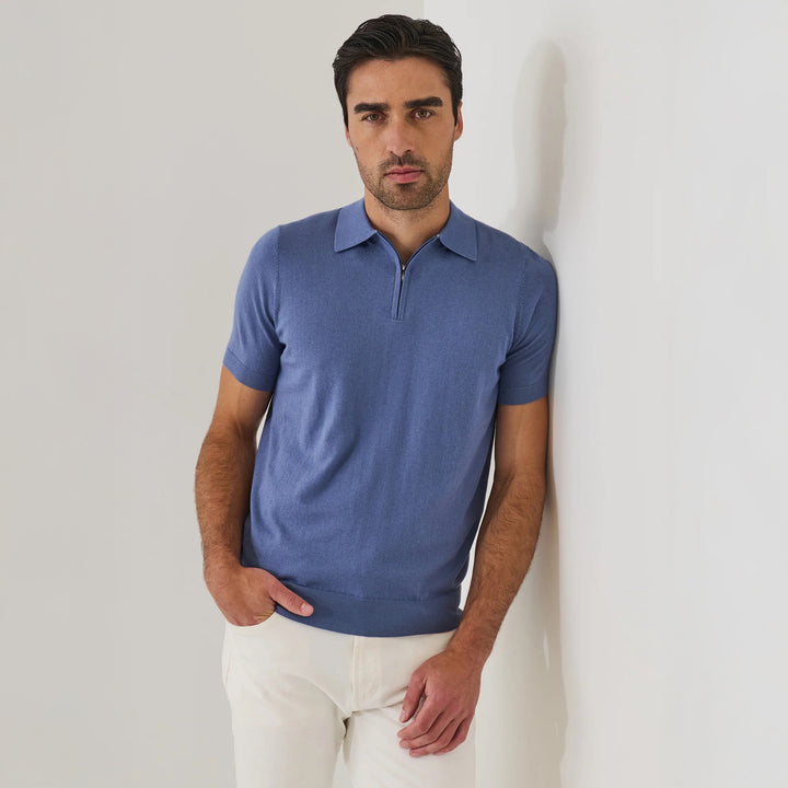 Dusky Blue Cotton Cashmere Zip Polo - Patrick Assaraf - Boutique Jacques International