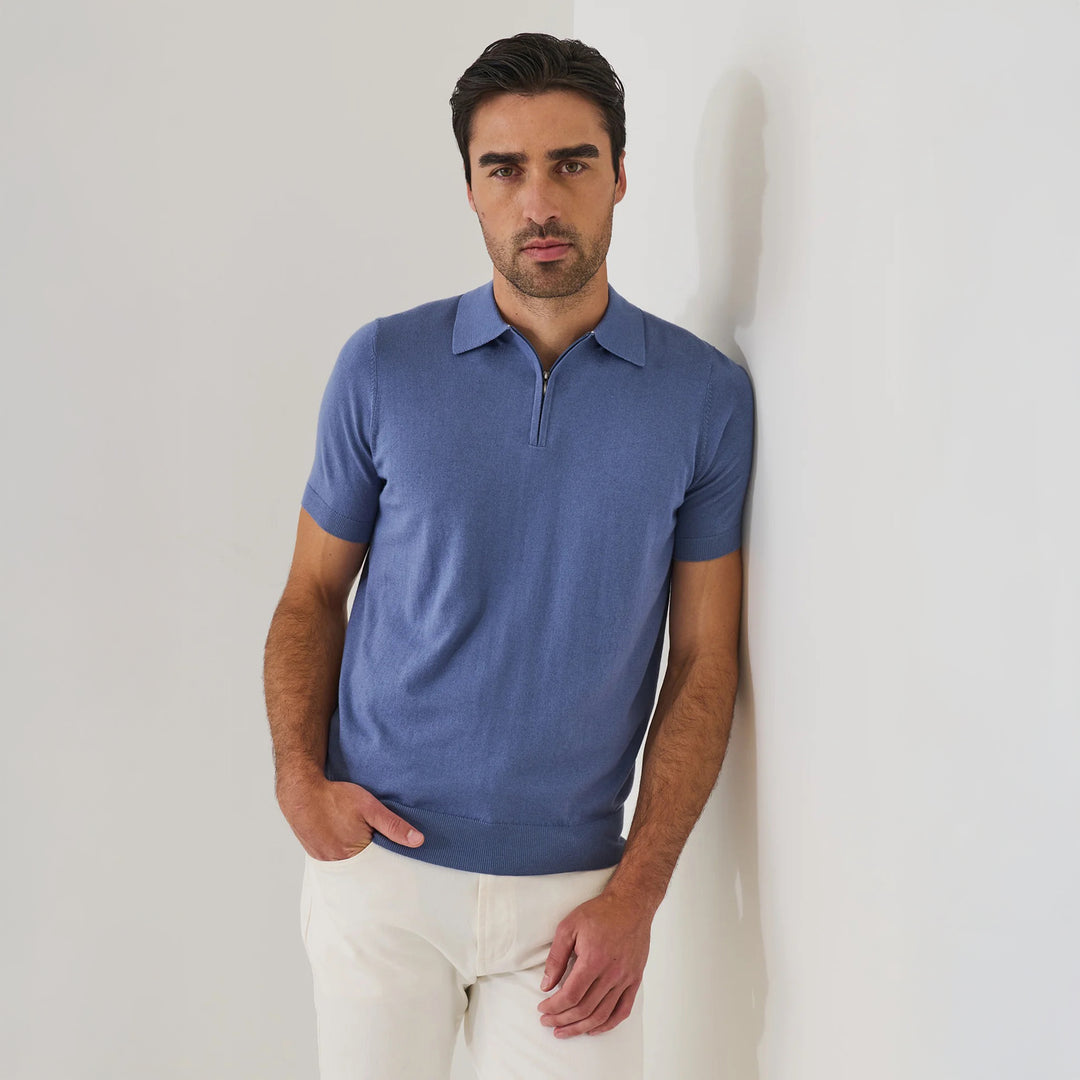 Dusky Blue Cotton Cashmere Zip Polo - Patrick Assaraf - Boutique Jacques International