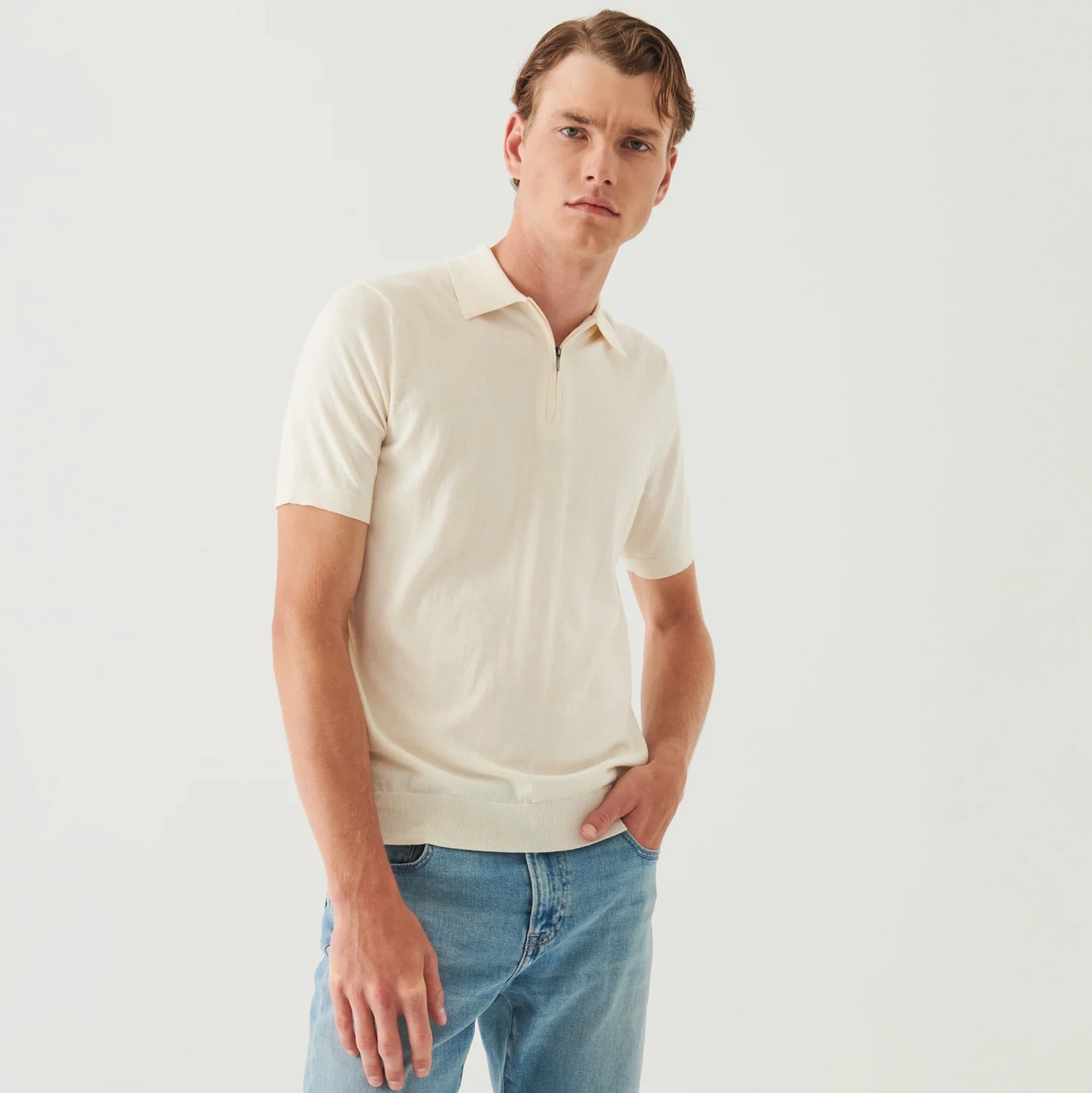 Off-White Cotton Cashmere Zip Polo - Patrick Assaraf - Boutique Jacques International