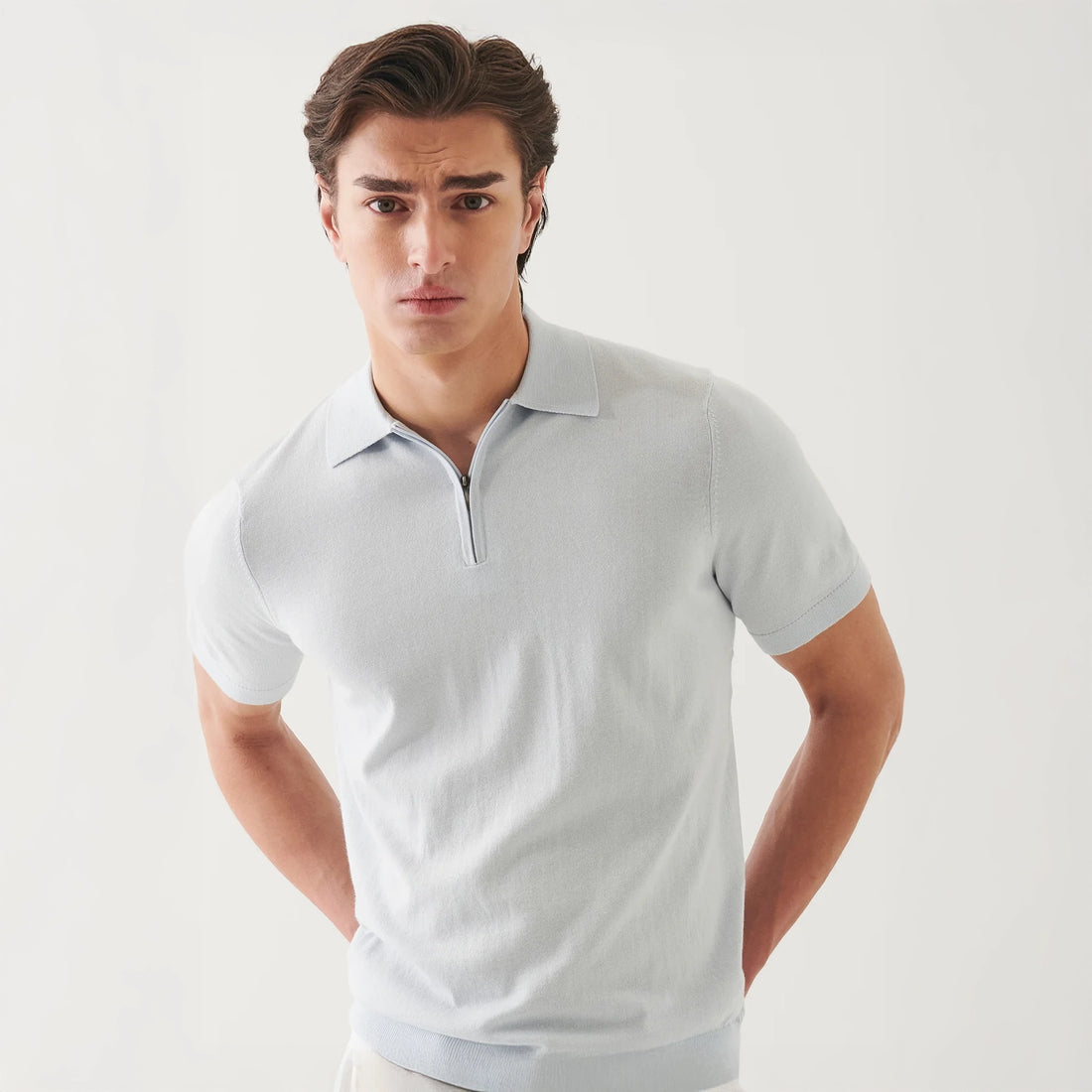 Pale Blue Cotton Cashmere Zip Polo - Patrick Assaraf - Boutique Jacques International
