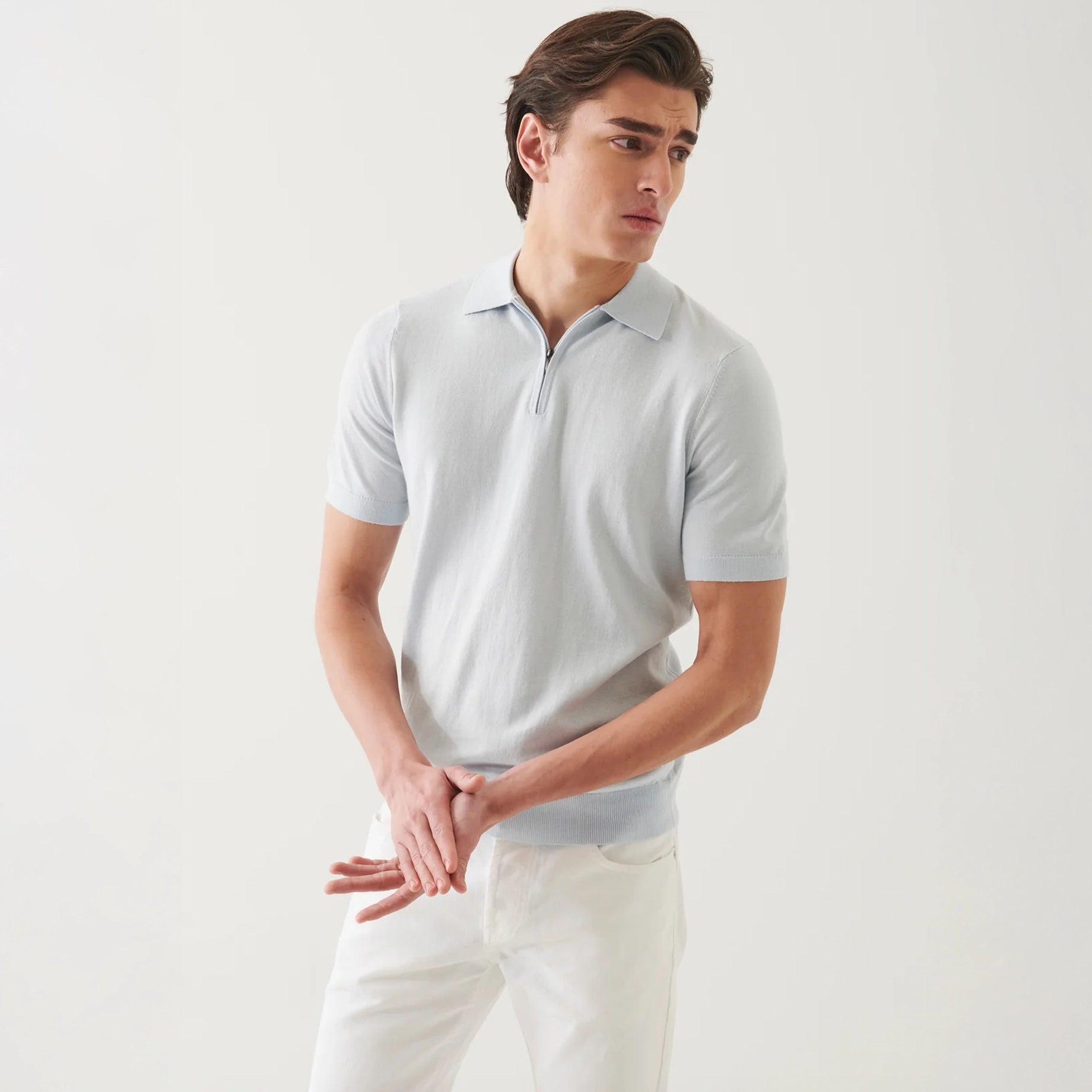 Pale Blue Cotton Cashmere Zip Polo - Patrick Assaraf - Boutique Jacques International