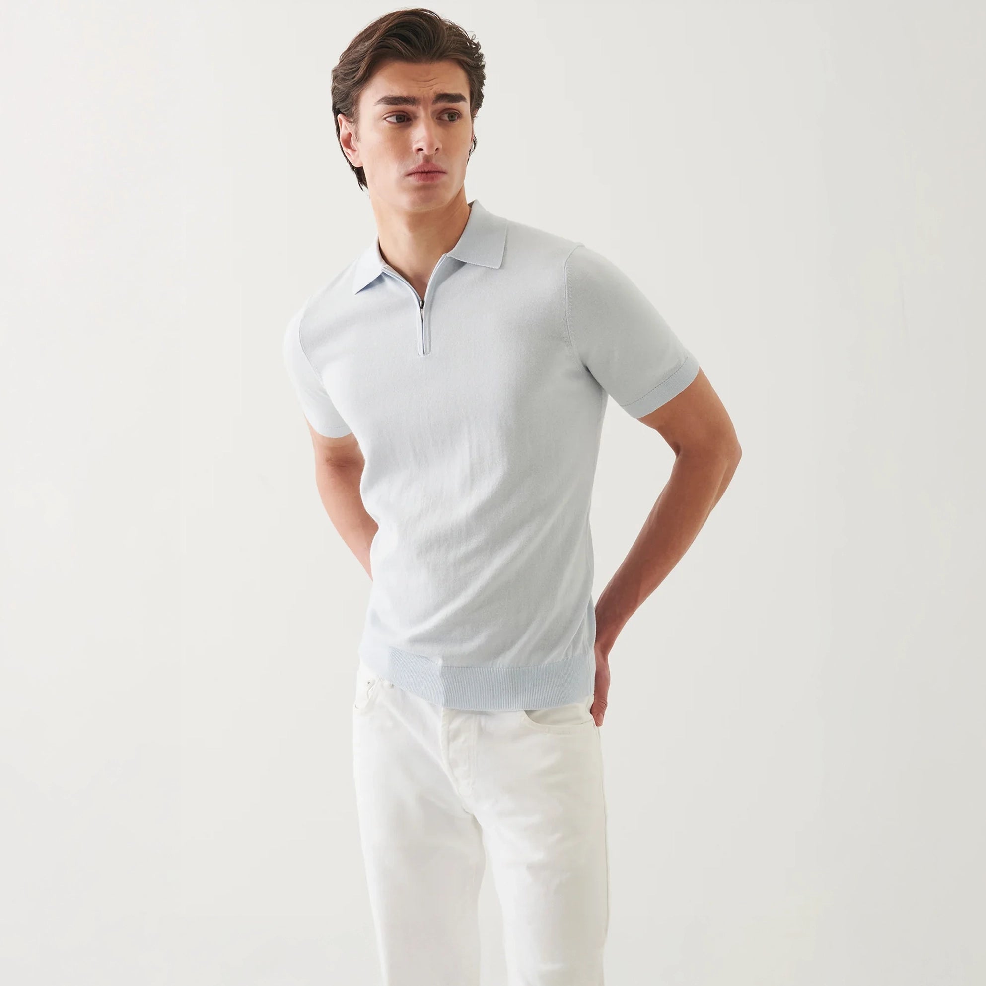 Pale Blue Cotton Cashmere Zip Polo - Patrick Assaraf - Boutique Jacques International