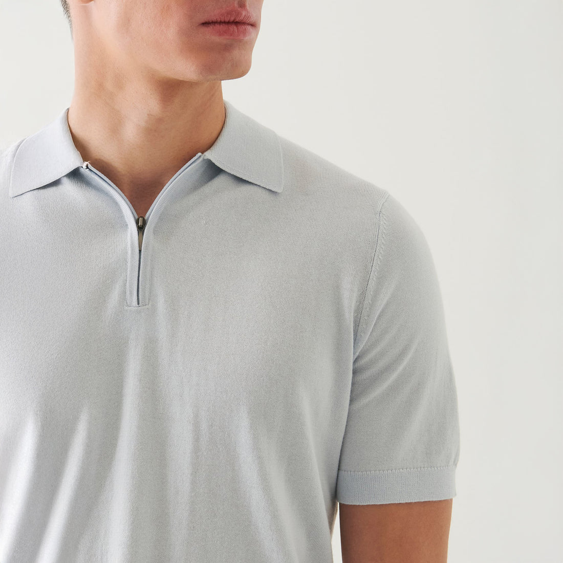 Pale Blue Cotton Cashmere Zip Polo - Patrick Assaraf - Boutique Jacques International