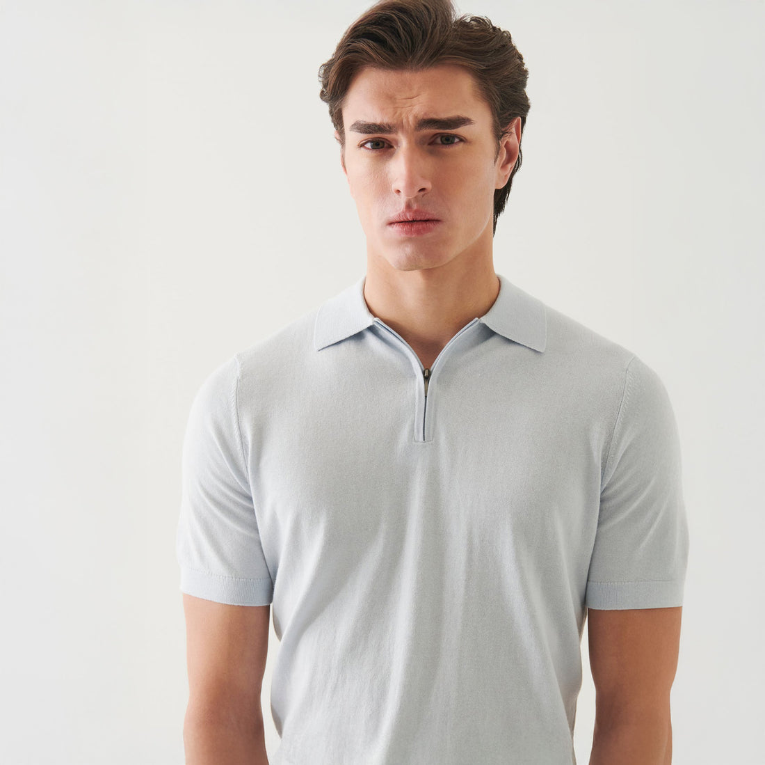Pale Blue Cotton Cashmere Zip Polo - Patrick Assaraf - Boutique Jacques International