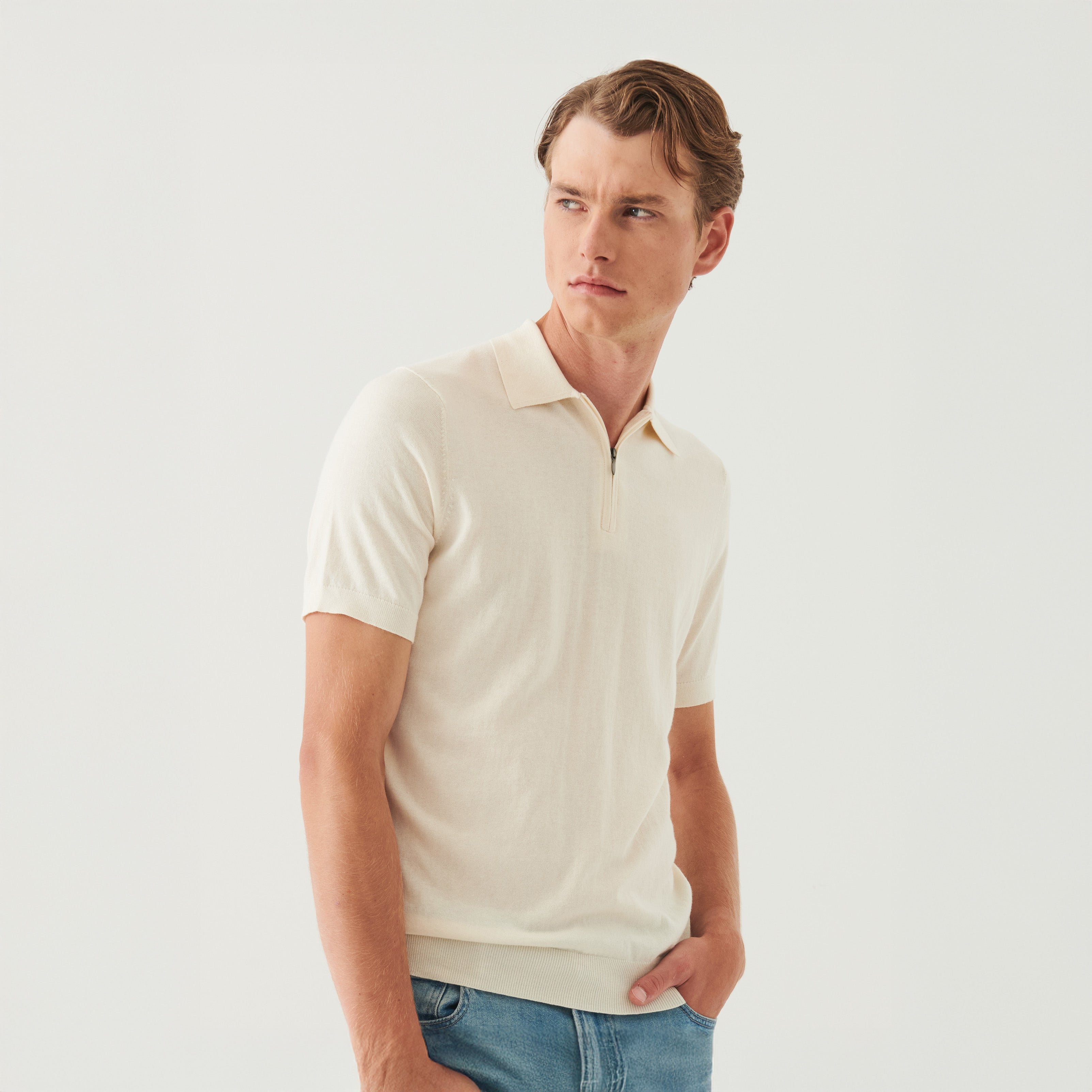 Off-White Cotton Cashmere Zip Polo - Patrick Assaraf - Boutique Jacques International