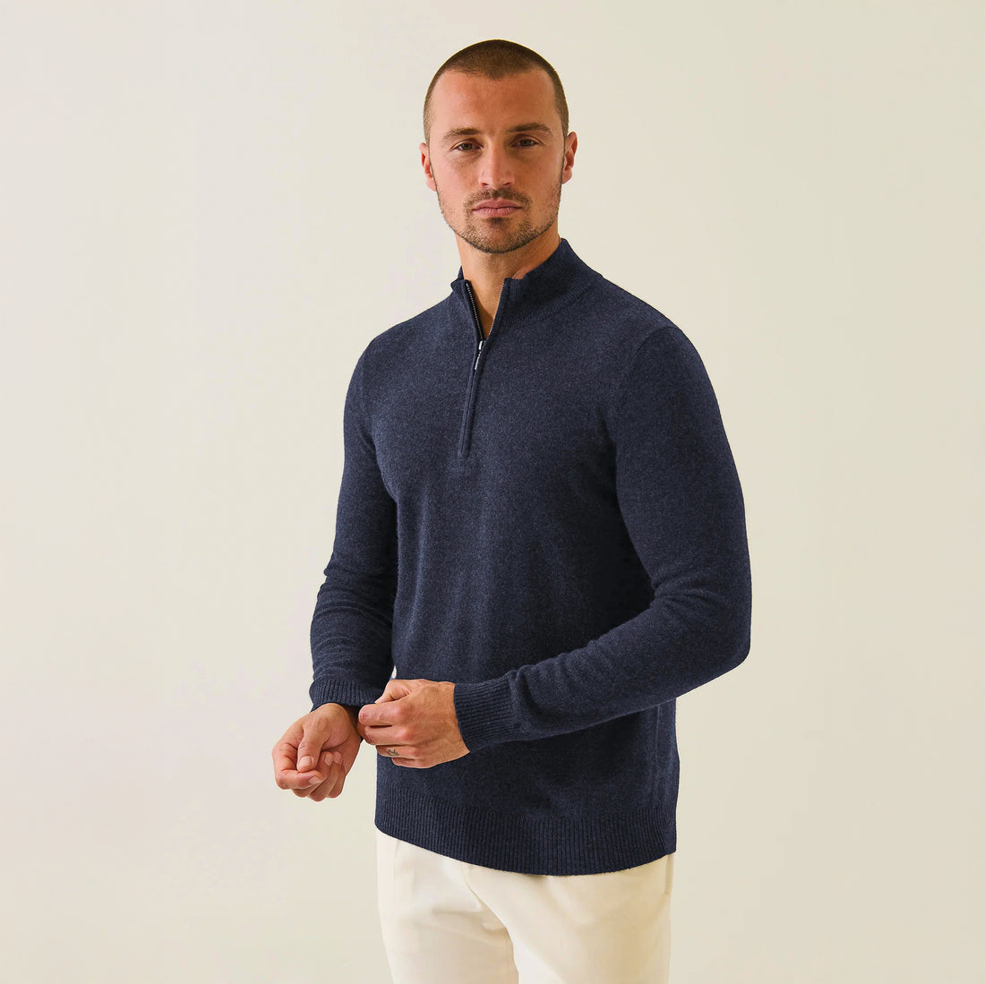 Denim Blue Nano Cashmere Quarter-Zip Mock Neck Sweater - Patrick Assaraf