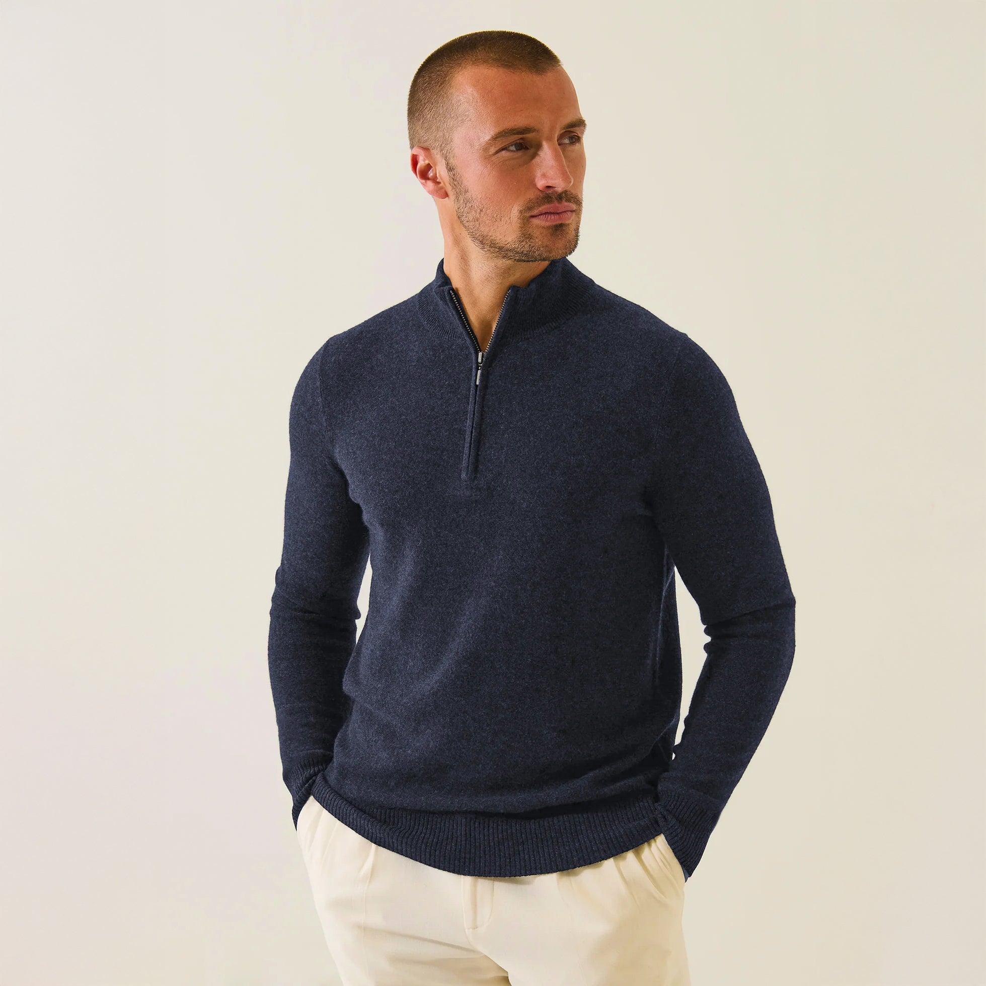 Denim Blue Nano Cashmere Quarter-Zip Mock Neck Sweater - Patrick Assaraf