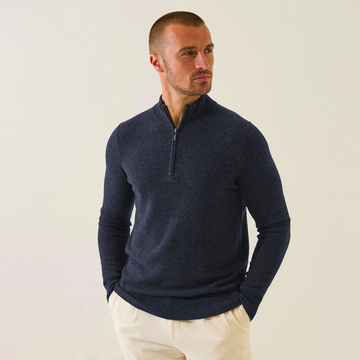 Denim Blue Nano Cashmere Quarter-Zip Mock Neck Sweater - Patrick Assaraf