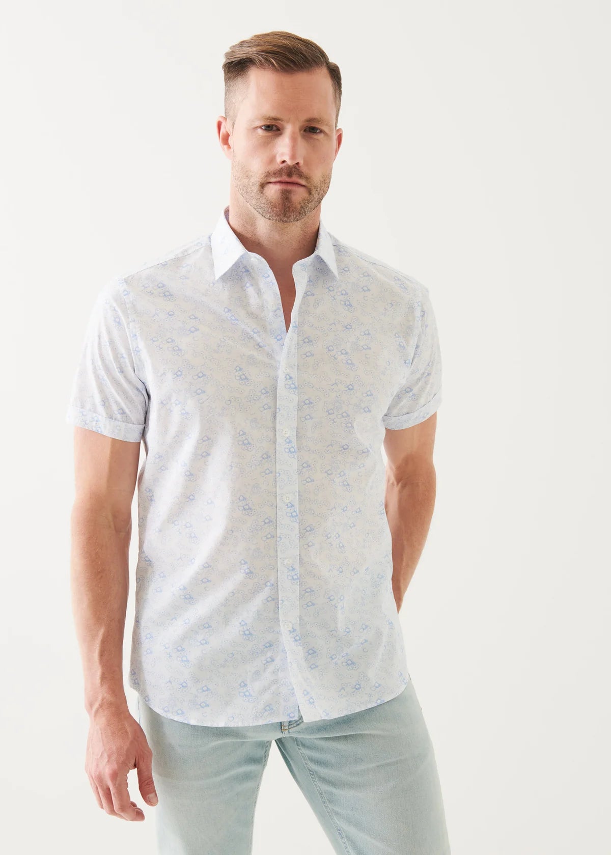 White Micro Floral Print Cotton Short Sleeve Shirt - Patrick Assaraf - Boutique Jacques International