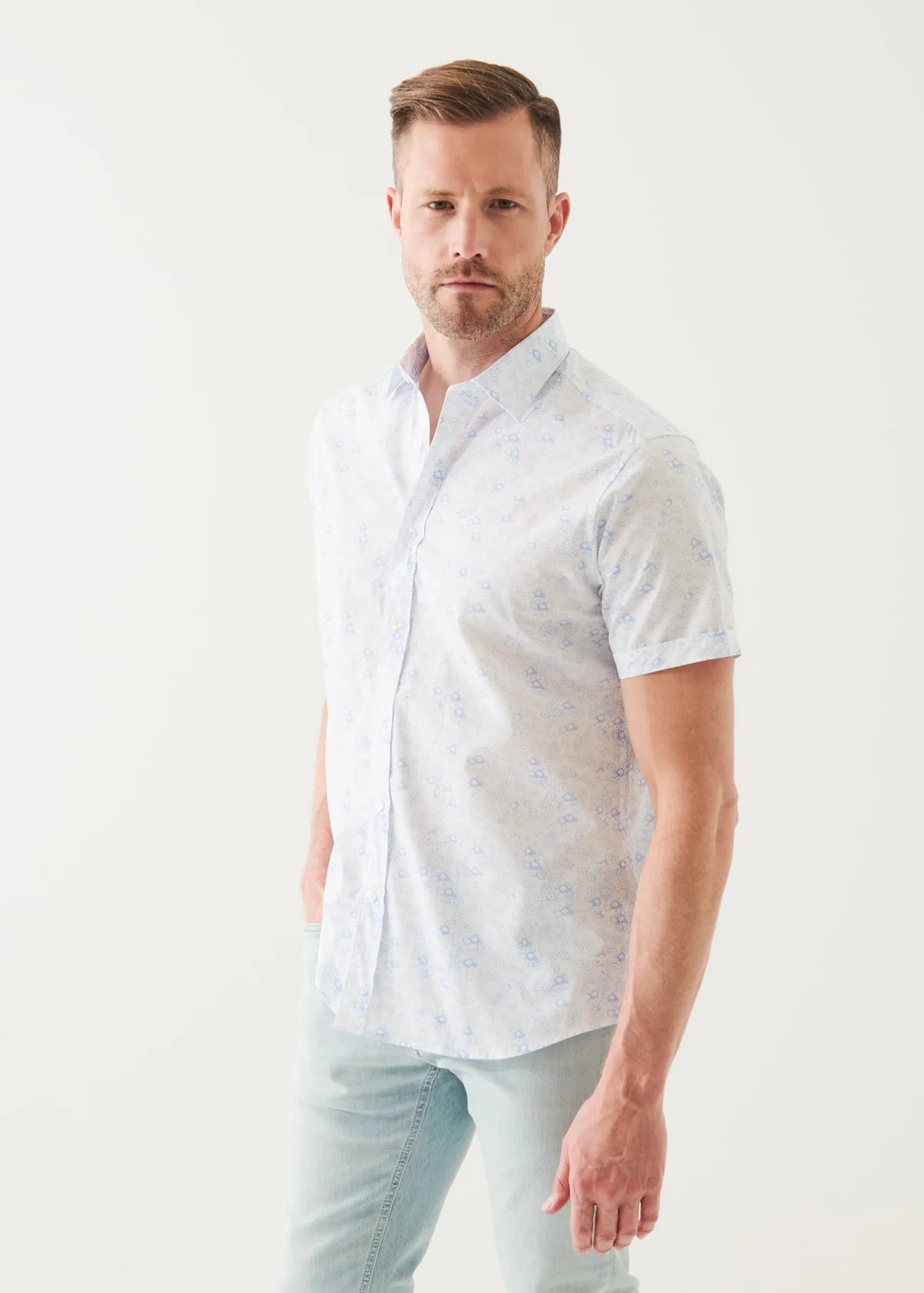 White Micro Floral Print Cotton Short Sleeve Shirt - Patrick Assaraf - Boutique Jacques International