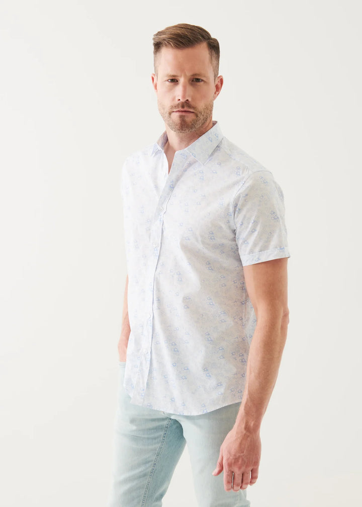 White Micro Floral Print Cotton Short Sleeve Shirt - Patrick Assaraf