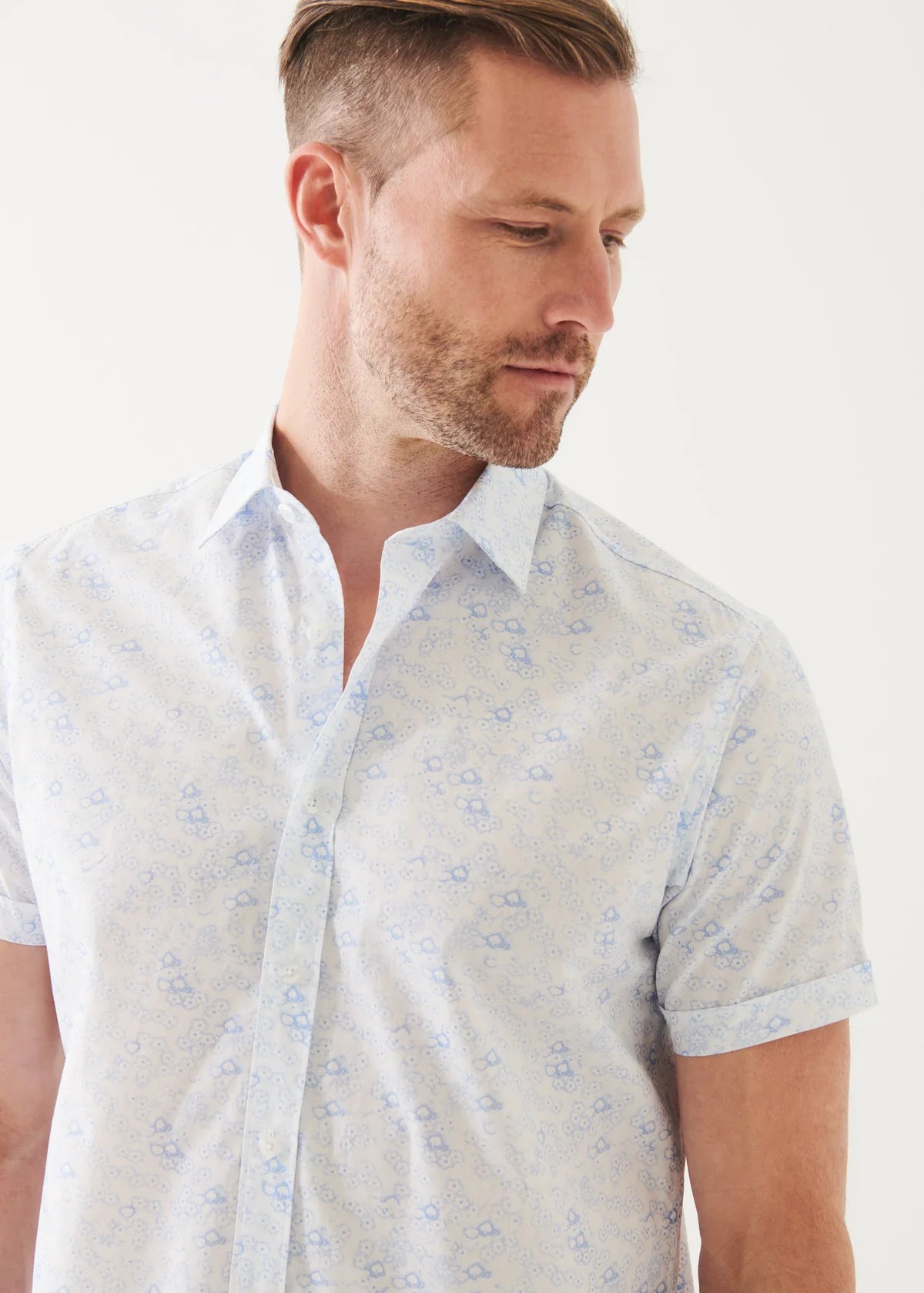 White Micro Floral Print Cotton Short Sleeve Shirt - Patrick Assaraf - Boutique Jacques International