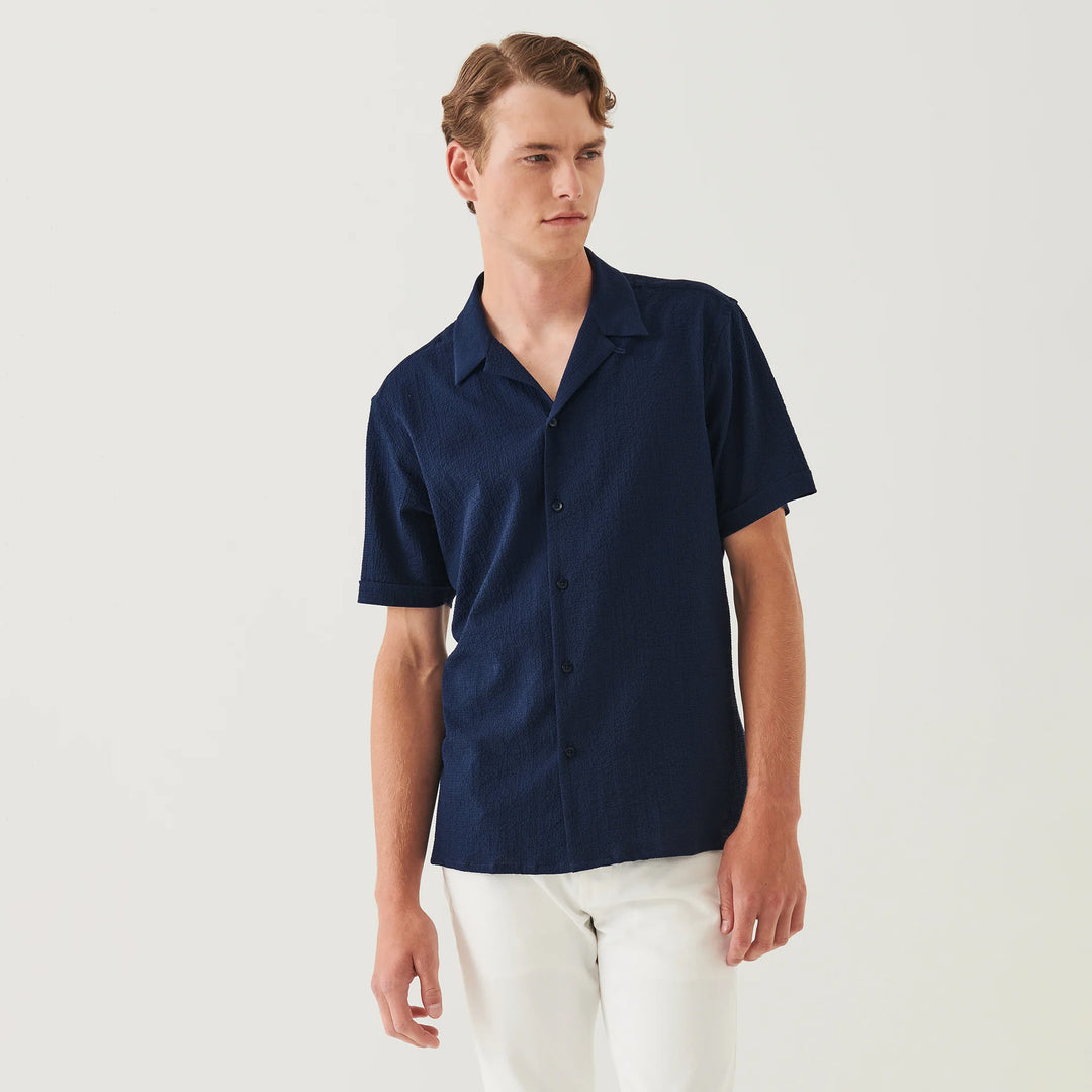 Navy Seersucker Textured Cotton-Stretch Resort Shirt - Patrick Assaraf - Boutique Jacques International