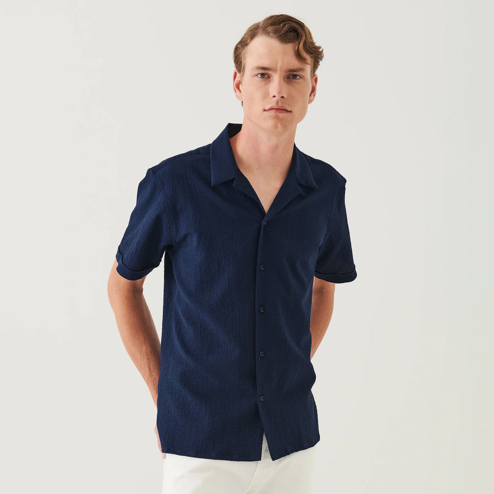 Navy Seersucker Textured Cotton-Stretch Resort Shirt - Patrick Assaraf - Boutique Jacques International